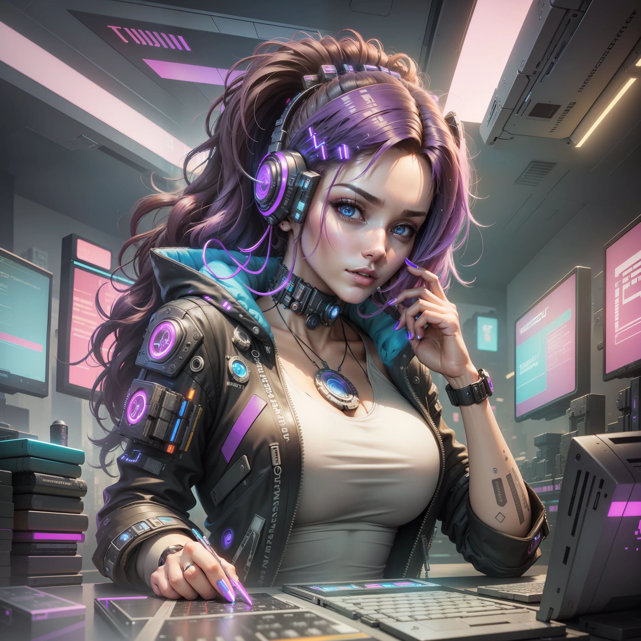 ((Best quality)), ((masterpiece)), (highly detailed:1.3), 3D, beautiful (cyberpunk:1.3) hacker woman with thick voluminous hair operating a computer terminal