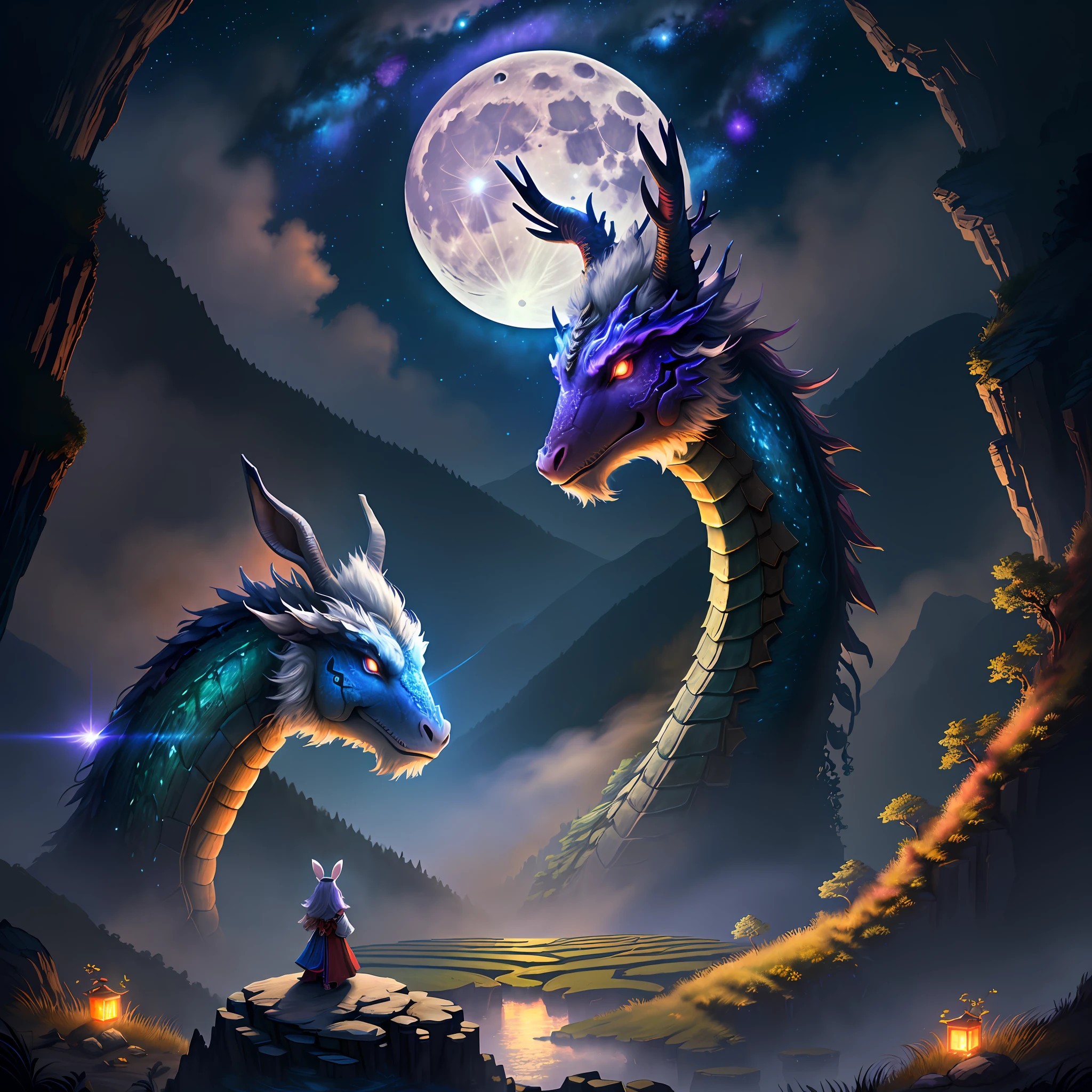 Vast landscape photos, (looking at the sky and the wilderness below), "A rabbit, magical, anthropomorphic, girl, angry expression, glowing eyes, Wanruo mask, Hanfu, background of ancient Chinese streets, night." Genshin Impact Impact, Best Quality, High Detail, High Quality, Ultra High Resolution, OC Rendering, 8K" Standing in a Flower Field and Looking Up, (Full Moon: 1.2), (Meteor: 0.9), (Nebula: 1.3), Far Away Mountains, Tree Breaking Making Art, (Warm Source: 1.2), (Firefly: 1.2), Lights, Purple and Orange, Intricate Details, Volumetric Lighting BREAK (Masterpiece: 1.2), (Highest Quality), 4K, Ultra Detailed, (Dynamic configuration: 1.4), Highly detailed and colorful details (rainbow color: 1.2), (Sparkling lighting, atmospheric lighting), Dreamy, magical, (Solo: 1.2), (Ying Dragon God), (Through the clouds), (Top of the mountains), (Complex), (Super Detail), (Starry Sky Background), (Stout Limbs), (Moon Night), (Ultra Clear), (Best Quality),