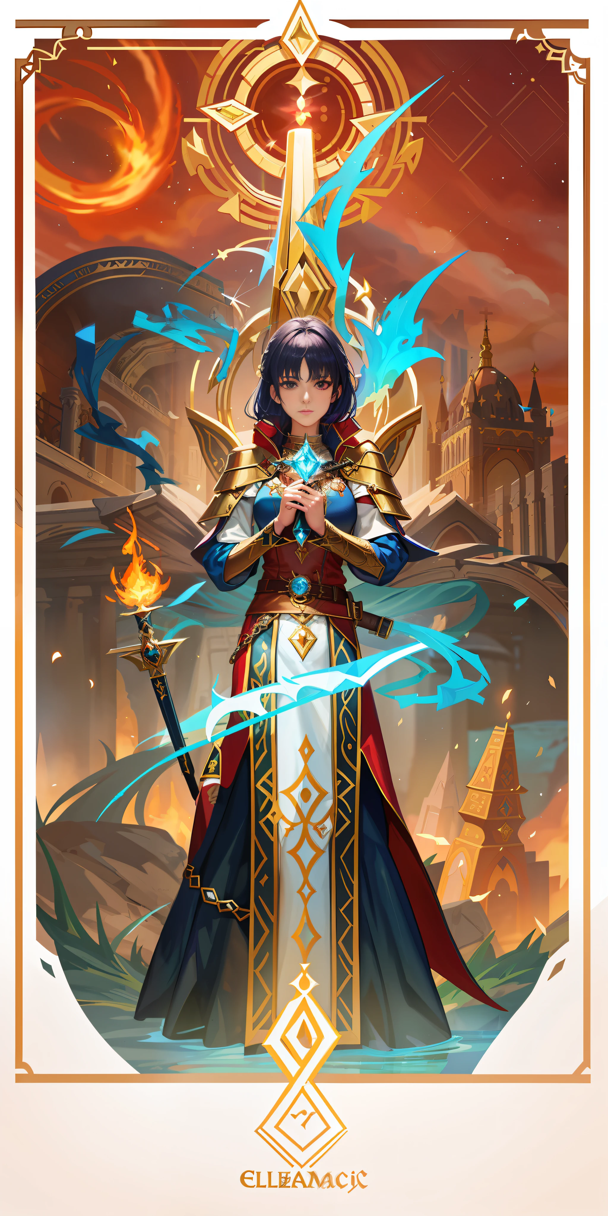 a close up of a woman with a sword and a fire, epic mage girl character, portrait of a female mage, full portrait of elementalist, female mage, female mage!, beautiful celestial mage, holy fire spell art, fantasy mage, mage, black - haired mage, human :: sorceress, female cleric, in the art style of mohrbacher