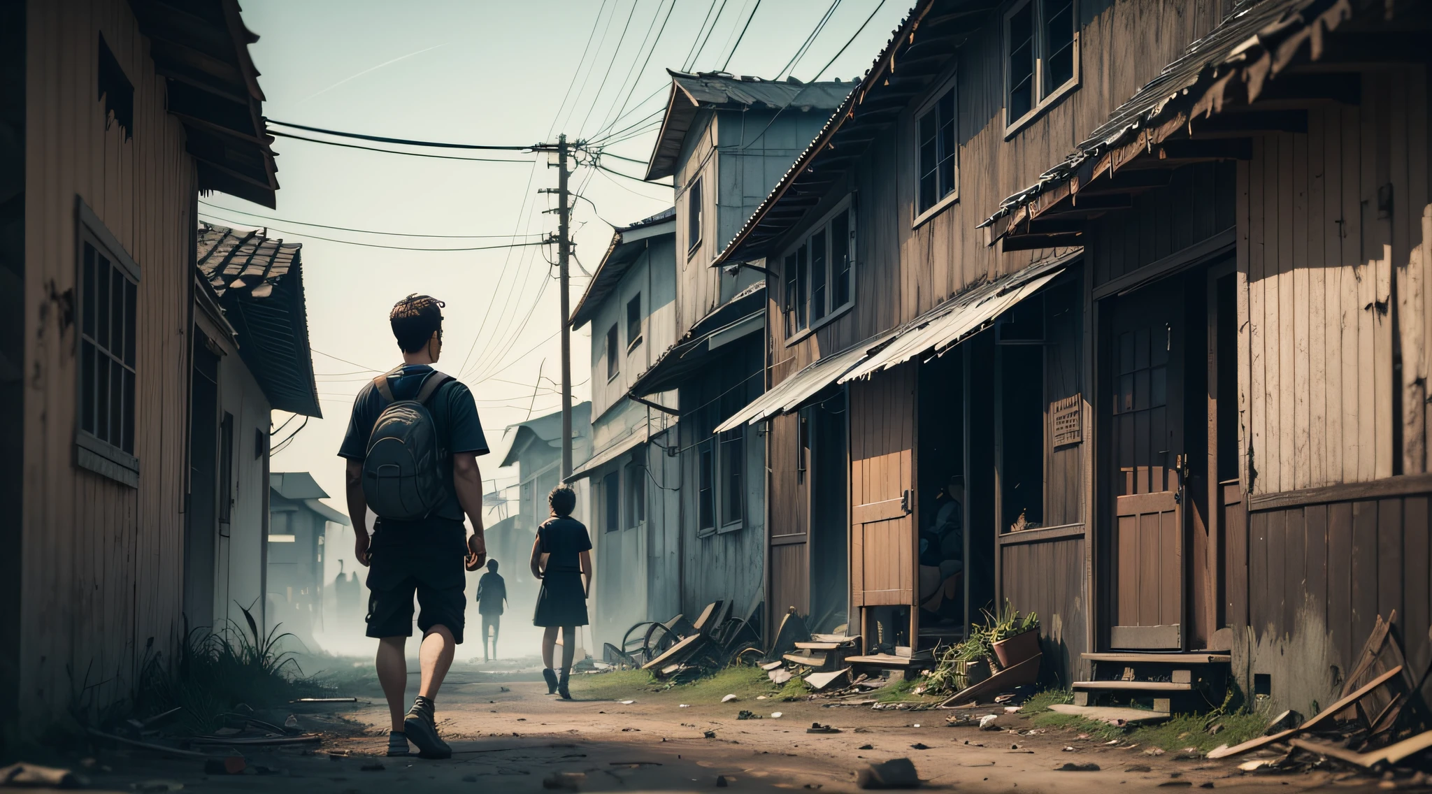 people talking, in the background a broken old house, with dark and dark theme --auto --s2