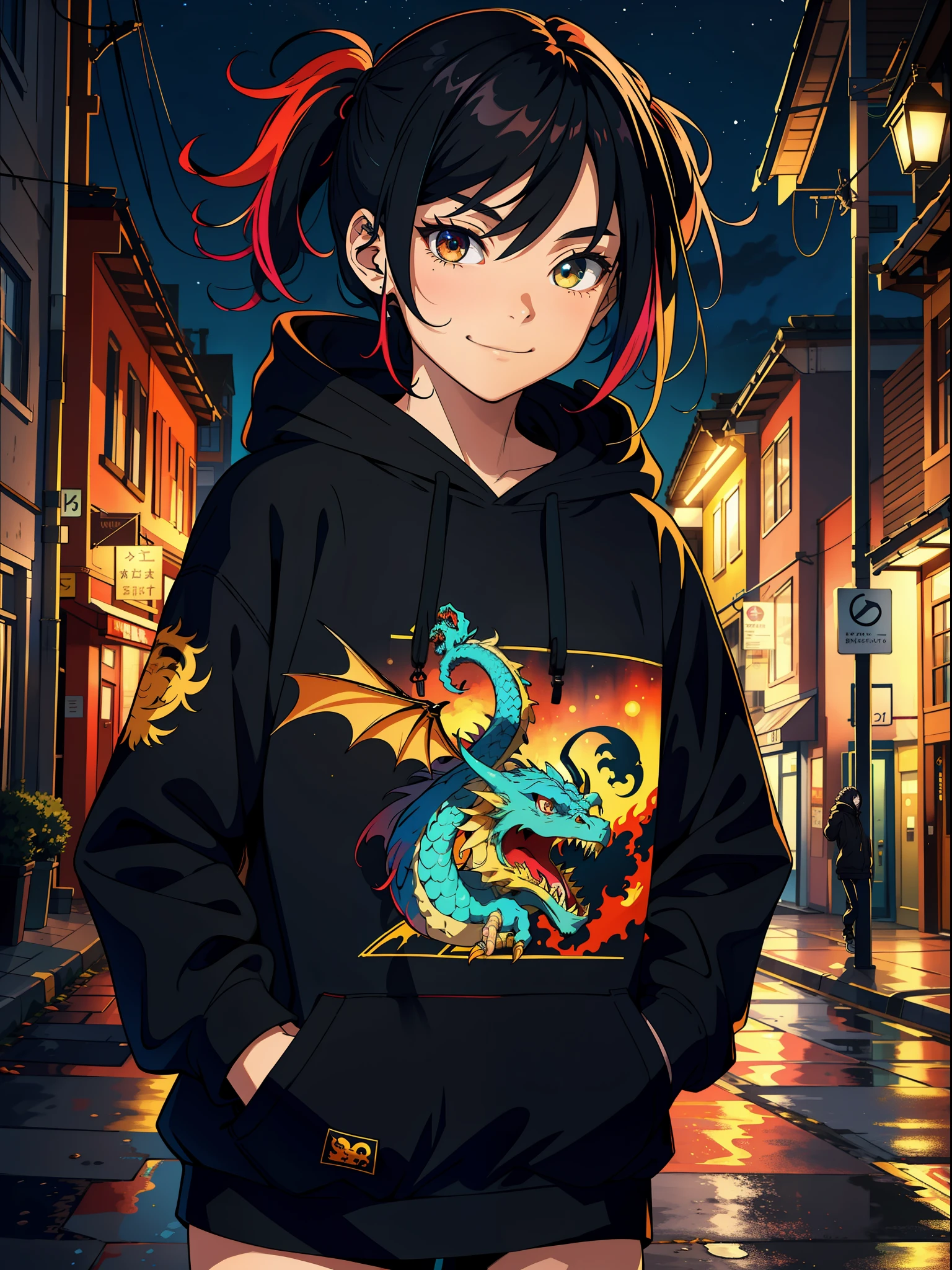 Masterpiece, best quality, upper body, 1girl, looking at viewer, medium hair, multicolored hair, black hoodie with dragon, smirk, hands in pockets, night, lonely street,