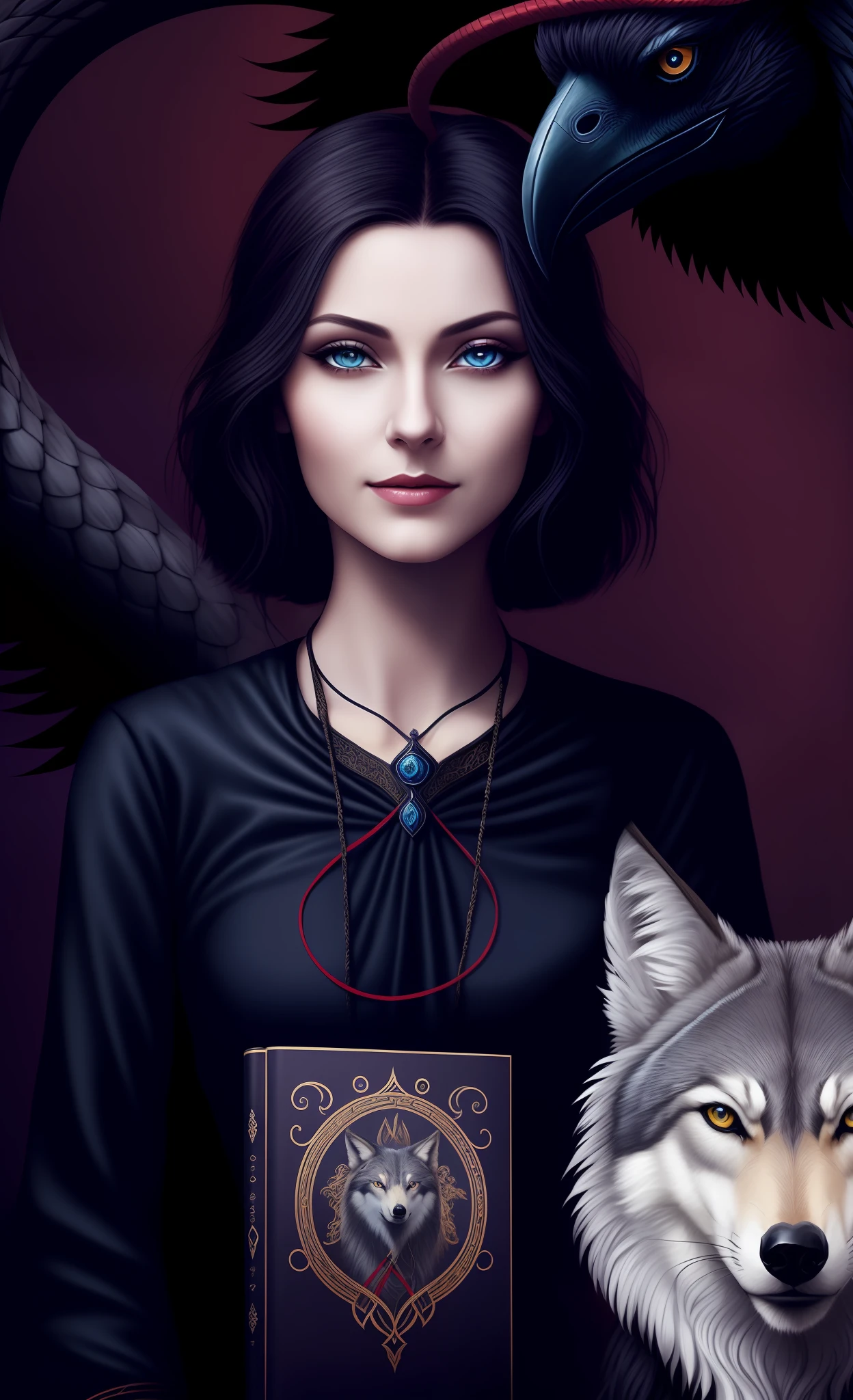Young woman, princess twenty years old, young, blue eyes, big dark blue eyes, makeup, dark straight shoulder-length hair, bob haircut, ironic smile on soft lips, alert face, resolute face, spectacular graceful face, woman ready to face the antagonist, a red thread wriggles around the woman, many red threads, a raven over the woman, a snake behind the woman, a red thread around the woman's head and neck,  Woman holding a book, wolf nearby, realistic fantasy illustration, digital fantasy illustration, dark fantasy, dark fantasy protagonist.