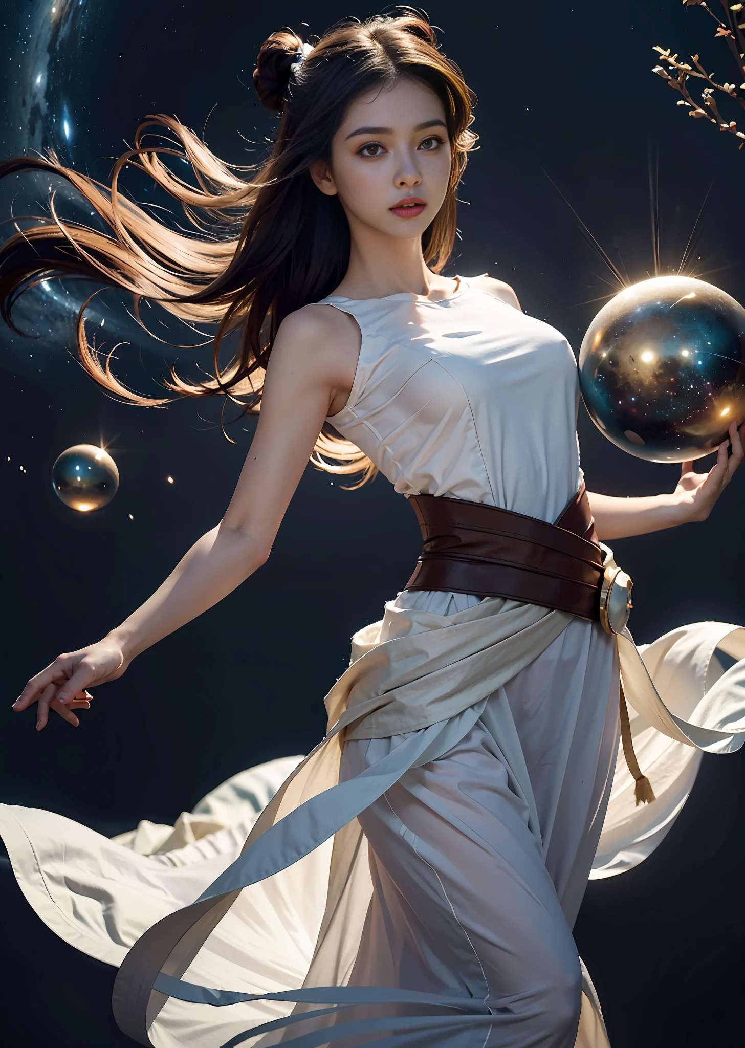 (Masterpiece:1.4, Best quality), 4K, High-res, Simple background, Sharp focus, face focus, (waist up shot:1.4),
1 girl,
Breathtaking woman, ethereal space, floating orbs, shimmering radiance, fantasy-like clothes, vibrant and flowing, mesmerizing dance of orbs, soft, ethereal glow on her, galaxies within floating orbs, graceful and serene presence, realism blended with creative fantasy, wonder and awe-inspiring.