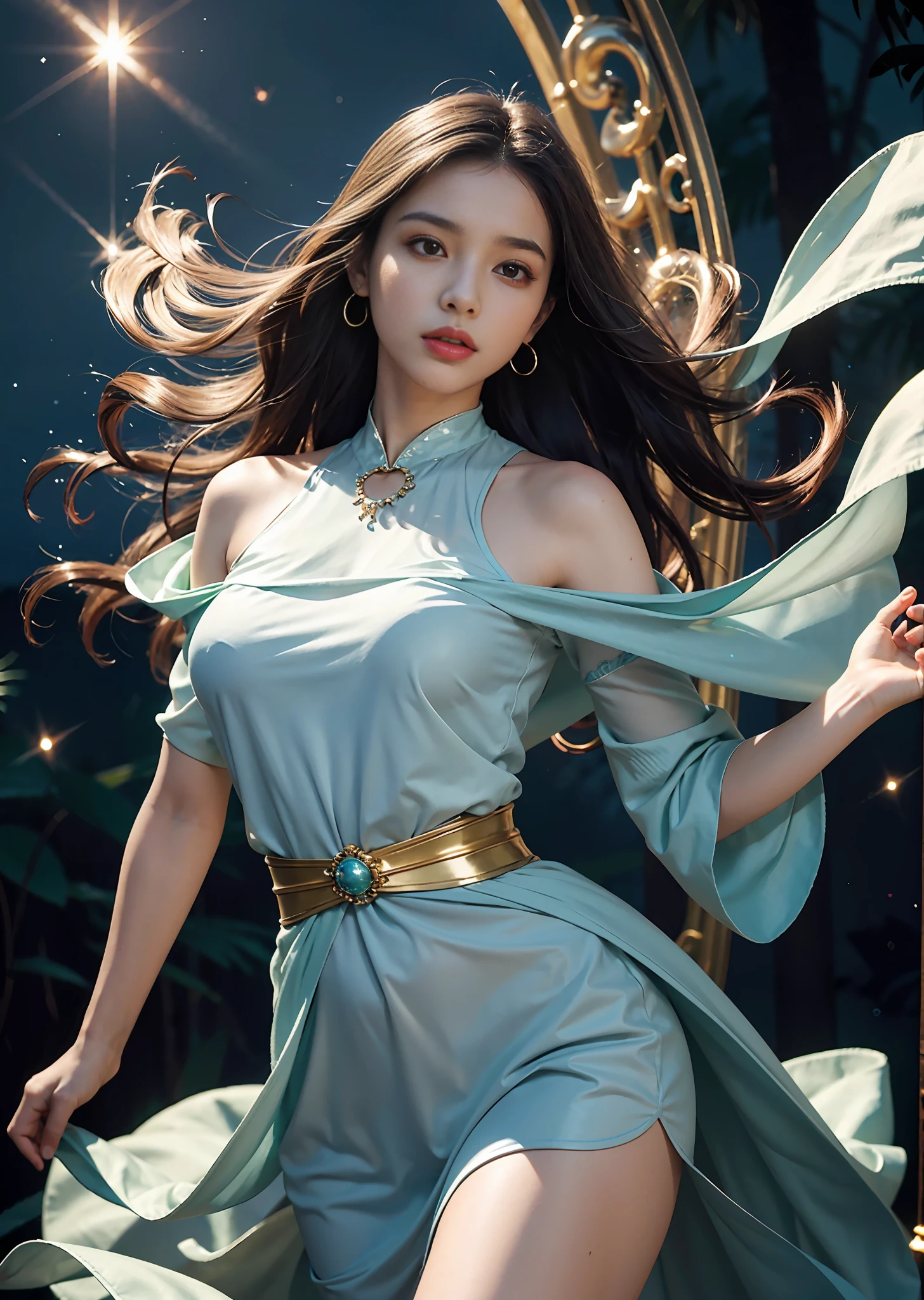 (Masterpiece:1.4, Best quality), 4K, High-res, Simple background, Sharp focus, face focus, (waist up shot:1.4),
1 girl,
Breathtaking woman, ethereal space, floating orbs, shimmering radiance, fantasy-like clothes, vibrant and flowing, mesmerizing dance of orbs, soft, ethereal glow on her, galaxies within floating orbs, graceful and serene presence, realism blended with creative fantasy, wonder and awe-inspiring.