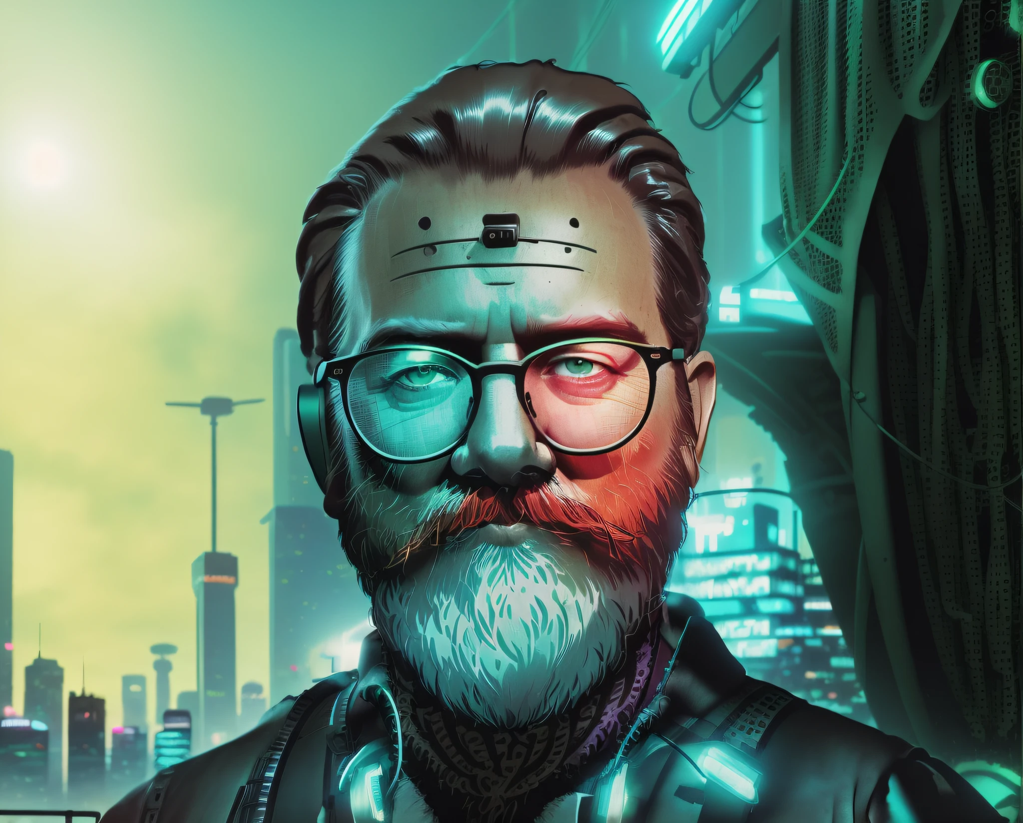 ((8k,Ultra-realistic matte painting, epic, Cyberpunk futuristic),(A bearded man with glasses in the foreground, Green environment))