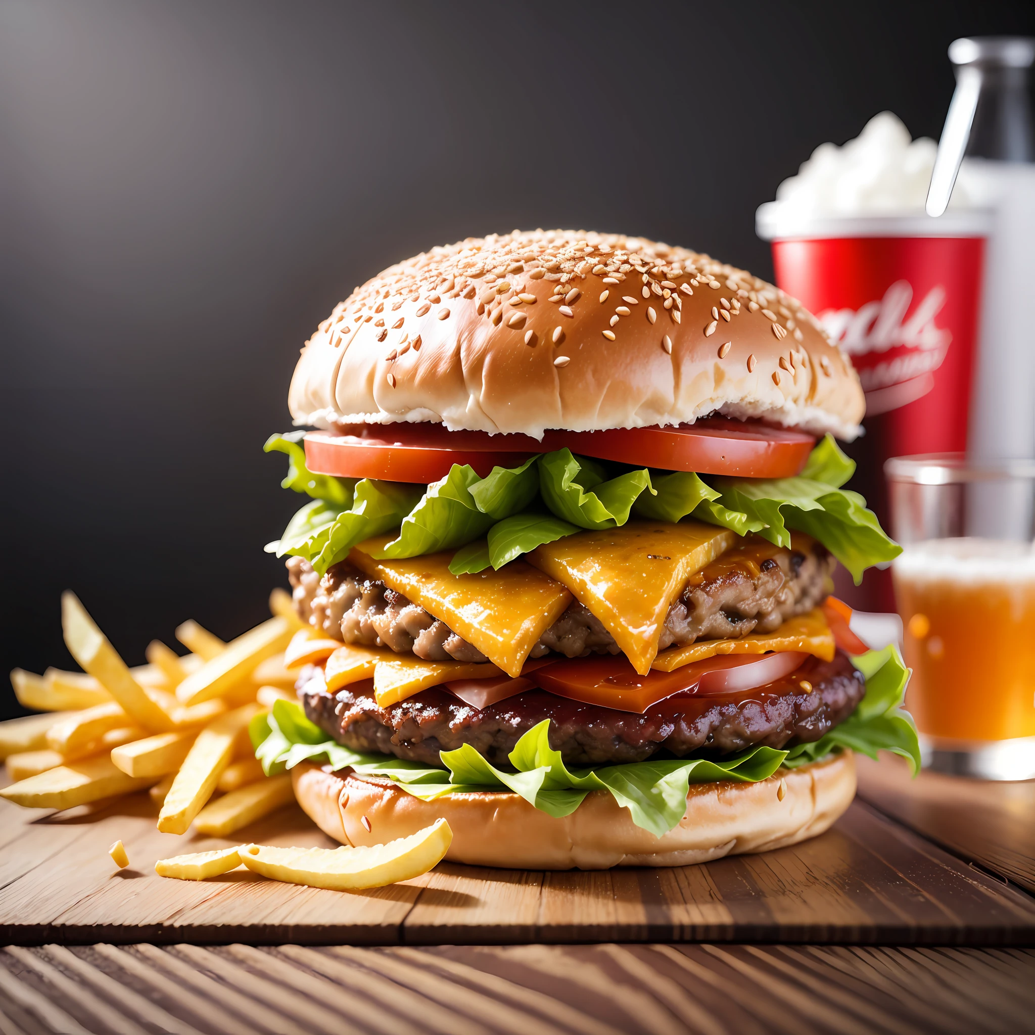 juicy gourmet burger, fries, soda, dark background, on a wooden table, --auto --s2