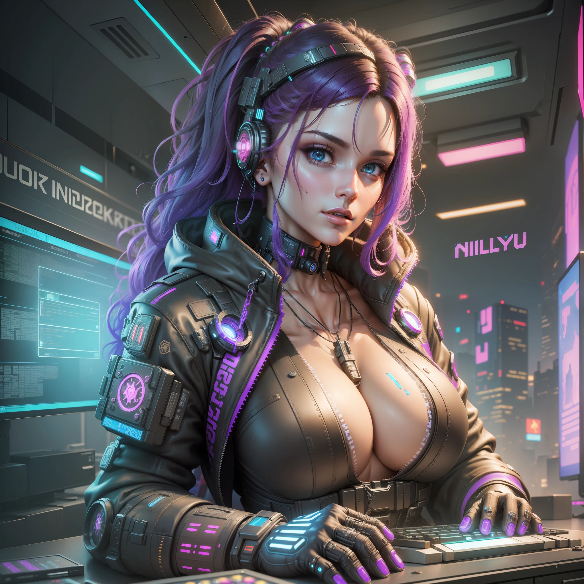 ((Best quality)), ((masterpiece)), (highly detailed:1.3), 3D, beautiful (cyberpunk:1.3) hacker woman with thick voluminous hair operating a computer terminal