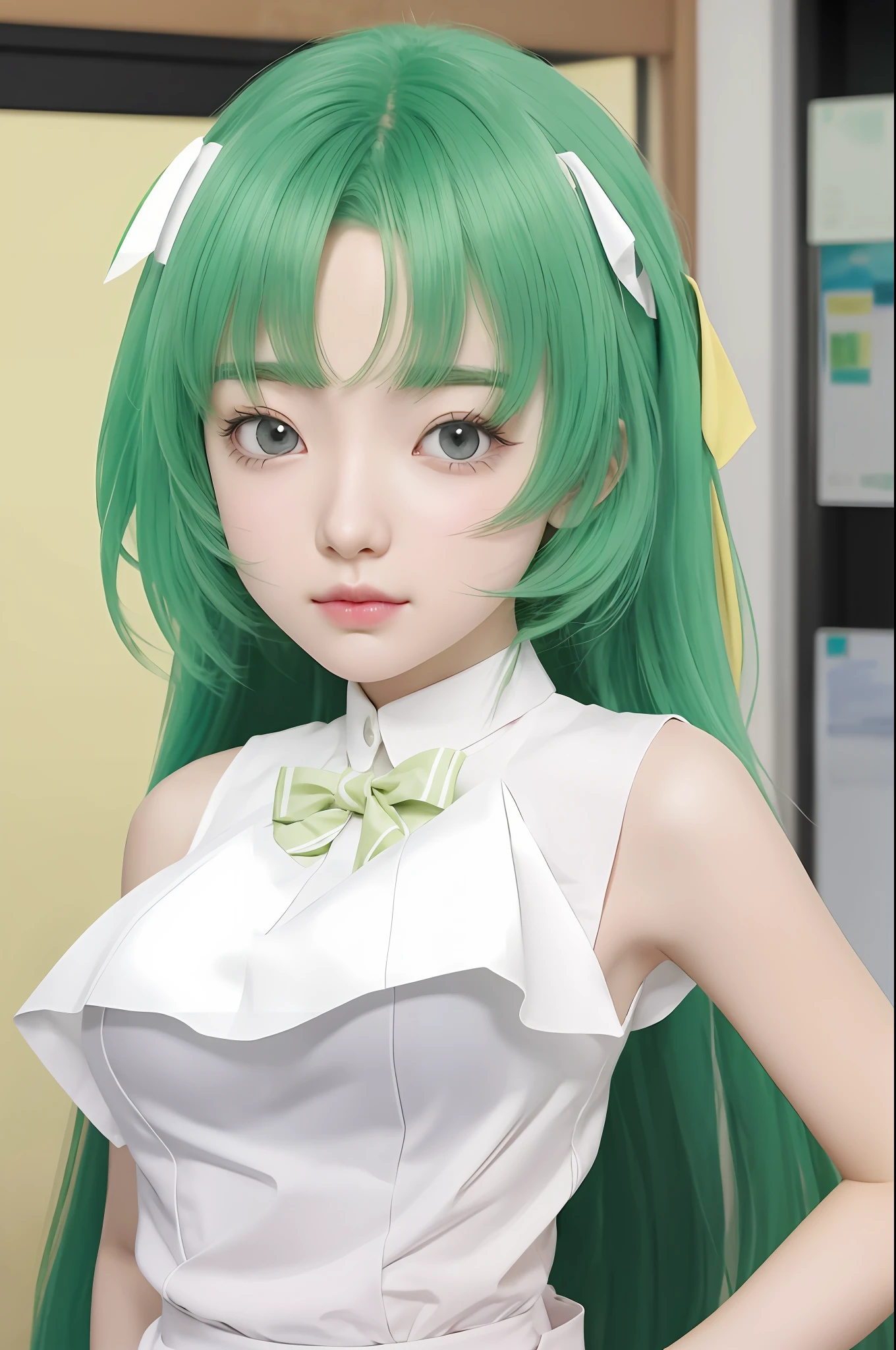 a close up of a person with green hair and a white shirt, today's featured anime still, anime hi-fructose, in the anime film, still from tv anime, anime moe artstyle, mikudayo, screenshot from a 2012s anime, anime girl named lucy, in an anime, anime screencap, 2 0 1 9 anime screenshot