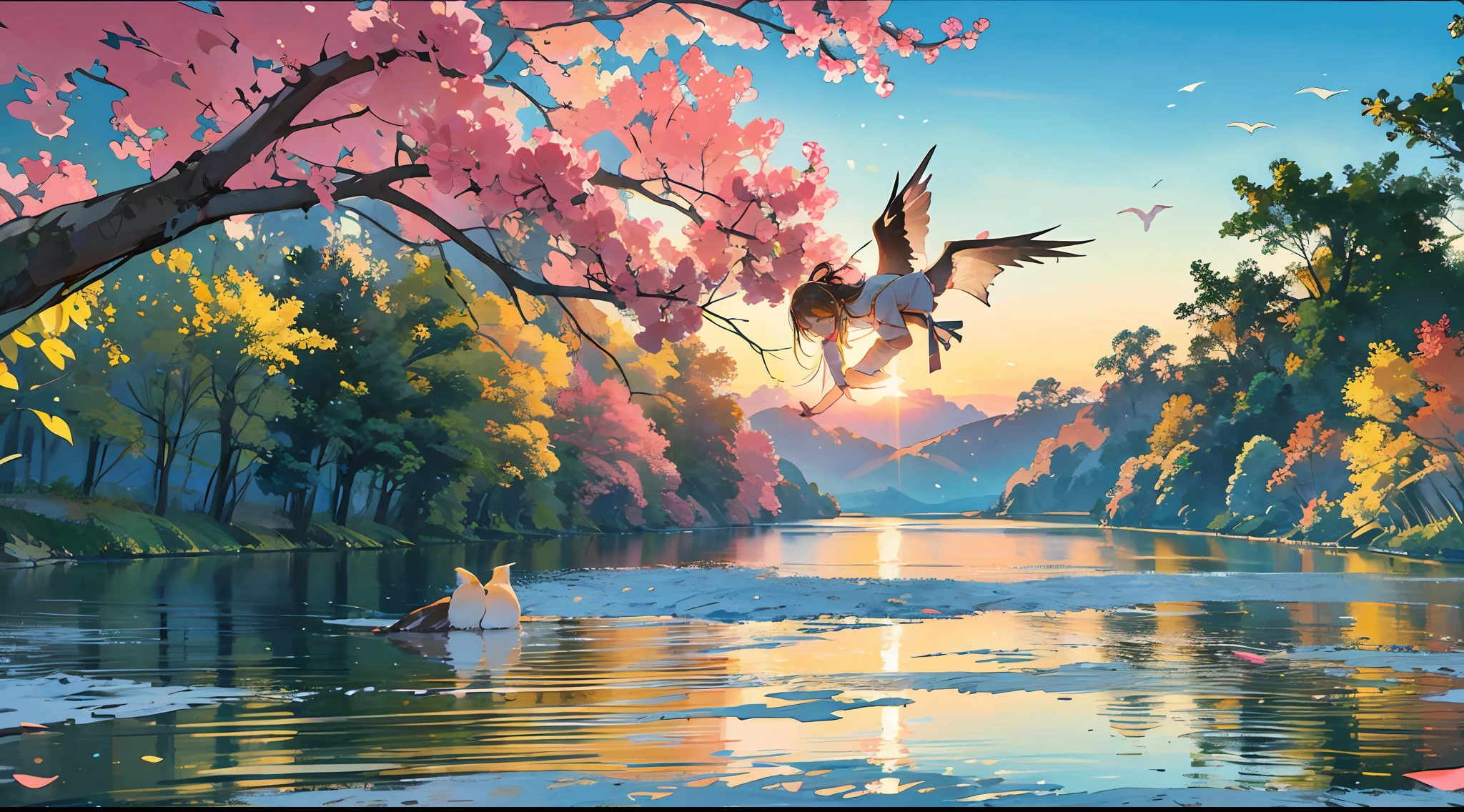An absolutely stunning sunset over a river, with a mixture of oranges, pinks and yellows filling the sky. The crystal clear waters of the river advancing on the banks of the river, with white sand stretching everywhere. The scene is dynamic and breathtaking, with birds flying high in the sky and jatobás swaying gently. A beautiful atmosphere with rays of the sun leaking through the leaves of the jatoba trees. Intricate details, 8k --auto --s2