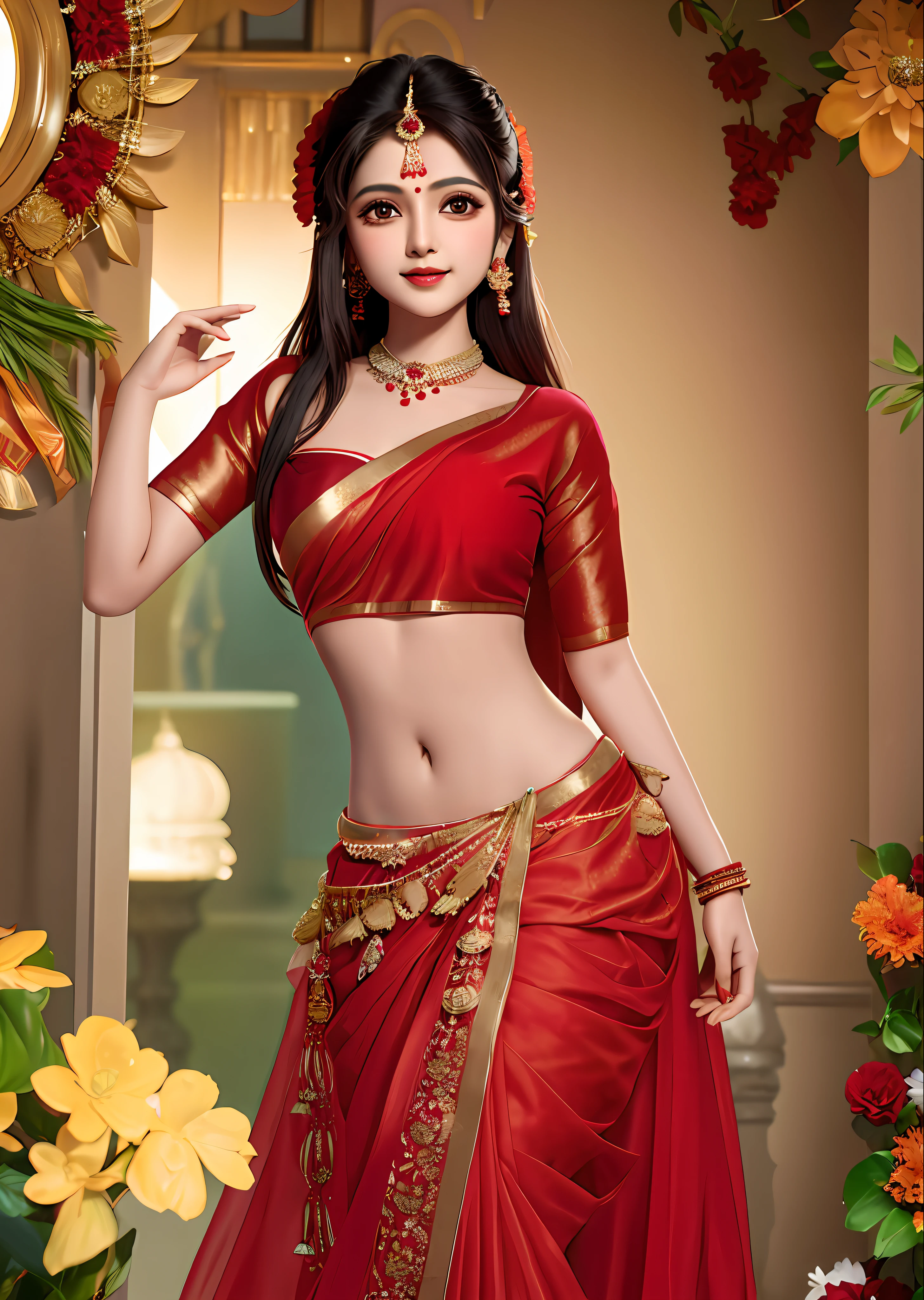 Sudipa wearing a red saree, exposing navel, indian woman