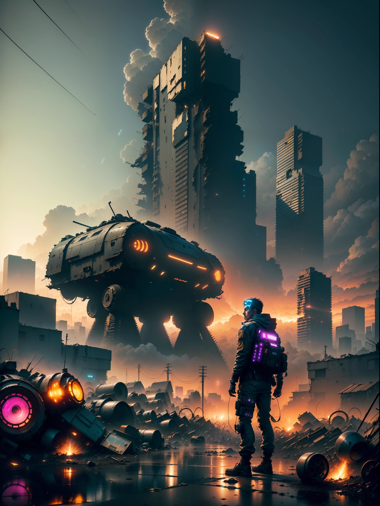 (wide view), wasteland, city ruins, (a man in front of ((huge mech wreckage)), dim light, streets, collapsed utility poles, scattered power lines, electric sparks, tattered future vehicles, garbage heaps, standing water in the big beach, rocks, dense weeds, dense dust smoke, ruined neon lights, heavy clouds, dusk, high quality, (super fine), (light detailed), detailed, accurate, 16k resolution, master works, (movie lights) , (cyberpunk style), dynamic perspective