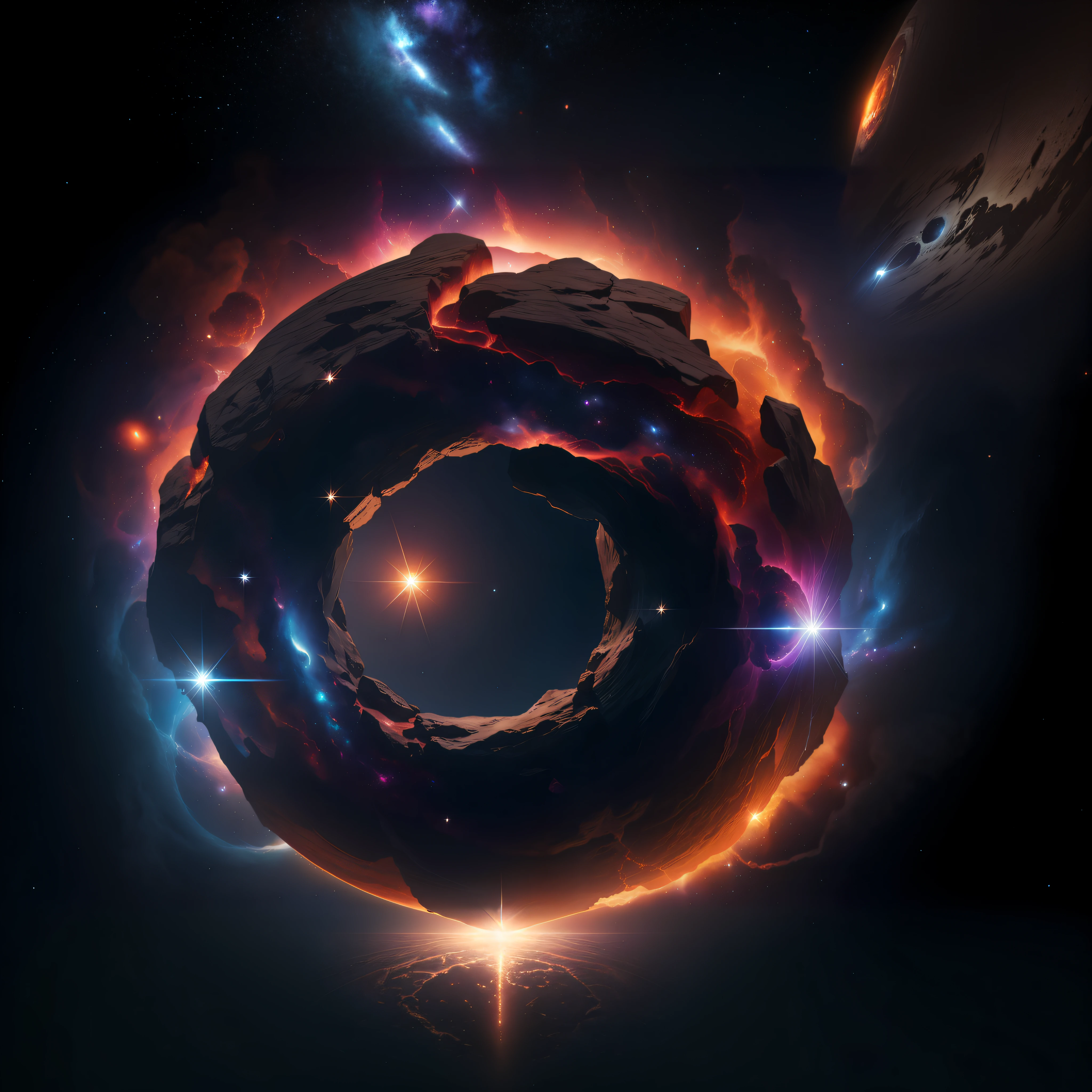 a close up of a large rock in the middle of a space, abstract black hole in space, luminous black hole portal, majestic interstellar portal, 3 d render beeple, rendered in redshift, in the art style of filip hodas, interstellar infinity portal, space art concept, 4k highly detailed digital art, black hole time portal
