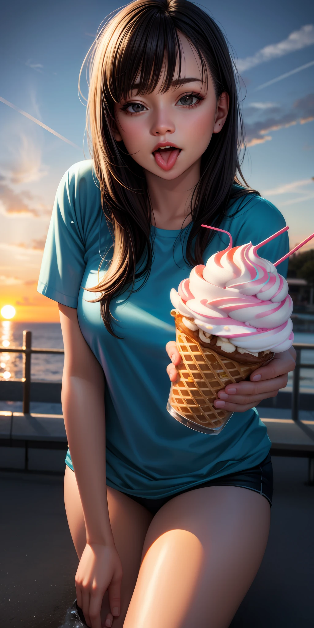 realistic, woman, selfie, wide mouth, licking, soft serve ice cream, face zoom, background sunset