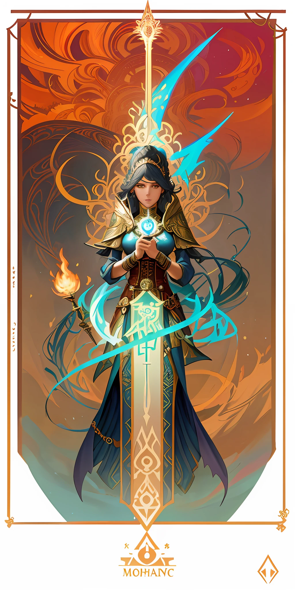 a picture of a woman with a sword and a flame in her hand, in the art style of mohrbacher, female mage, mohrbacher, portrait of a female mage, jen bartel, peter mohrbacher style, peter mohrbacher artstyle, female mage!, magic the gathering art style, peter mohrbacher c 2 0, fantasy art behance
