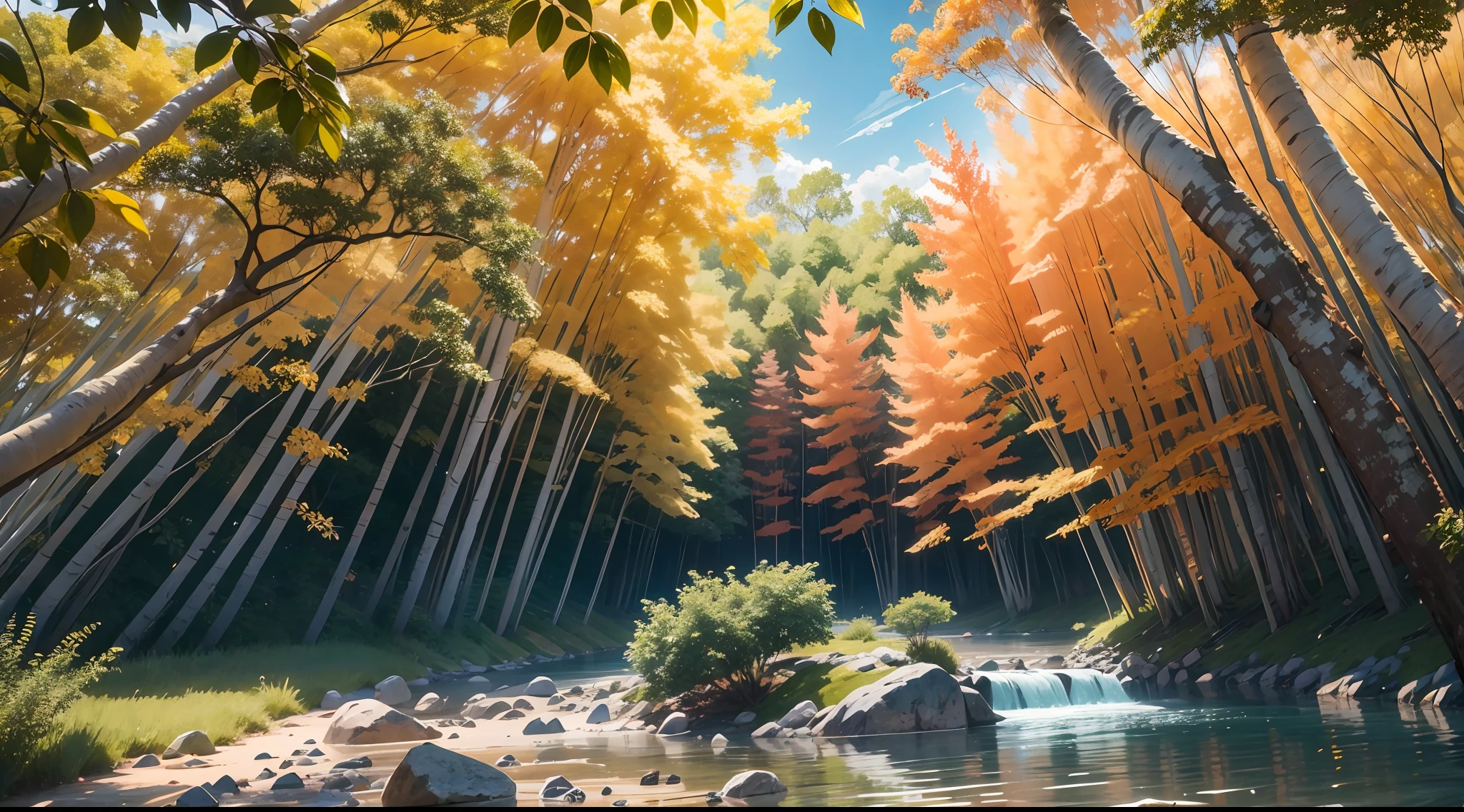 An absolutely stunning sunset over a river, with a mixture of oranges, pinks and yellows filling the sky. The crystal clear waters of the river advancing on the banks of the river, with white sand stretching everywhere. The scene is dynamic and breathtaking, with birds flying high in the sky and jatobás swaying gently. A beautiful atmosphere with rays of the sun leaking through the leaves of the jatoba trees. Intricate details, 8k --auto --s2