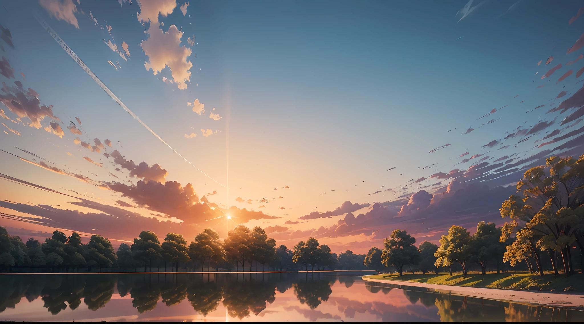 An absolutely stunning sunset over a river, with a mixture of oranges, pinks and yellows filling the sky. The crystal clear waters of the river advancing on the banks of the river, with white sand stretching everywhere. The scene is dynamic and breathtaking, with birds flying high in the sky and jatobás swaying gently. A beautiful atmosphere with rays of the sun leaking through the leaves of the jatoba trees. Intricate details, 8k --auto --s2