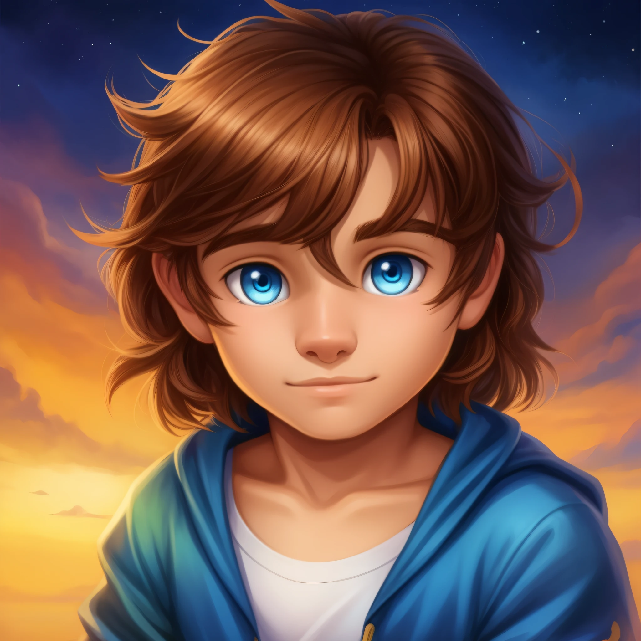 Create enchanting portraits of Pedro, a 10-year-old boy with light brown wavy hair and vibrant blue eyes.