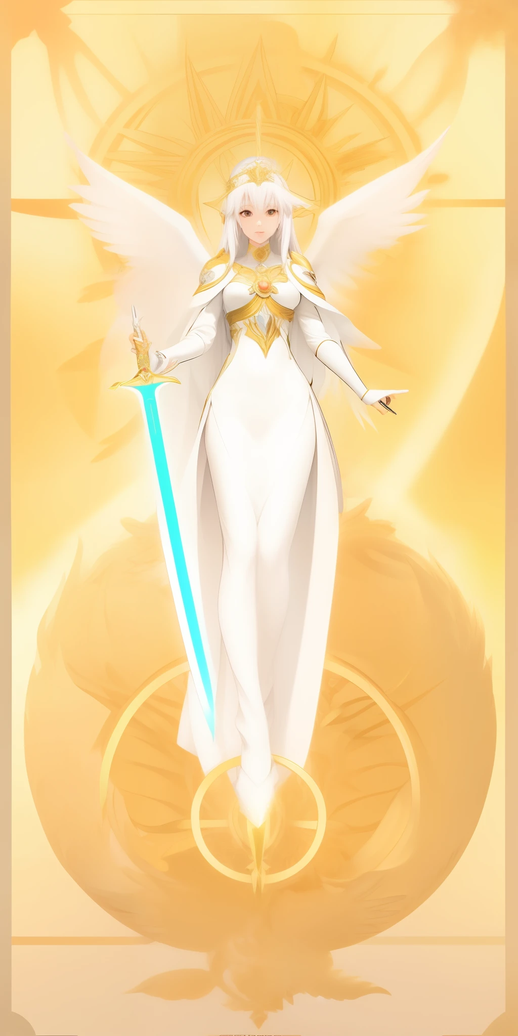 Anime - style image of a woman dressed in white holding a sword, goddess of light, goddess of time, bright white aura, like the goddess of the sun, beautiful celestial magician, portrait of the queen of light, knights of the girl of the zodiac, princess of light, white-haired deity, priestess, goddess of space and time, elf priestess, very large wings,  multiple wings, multicolored wings,