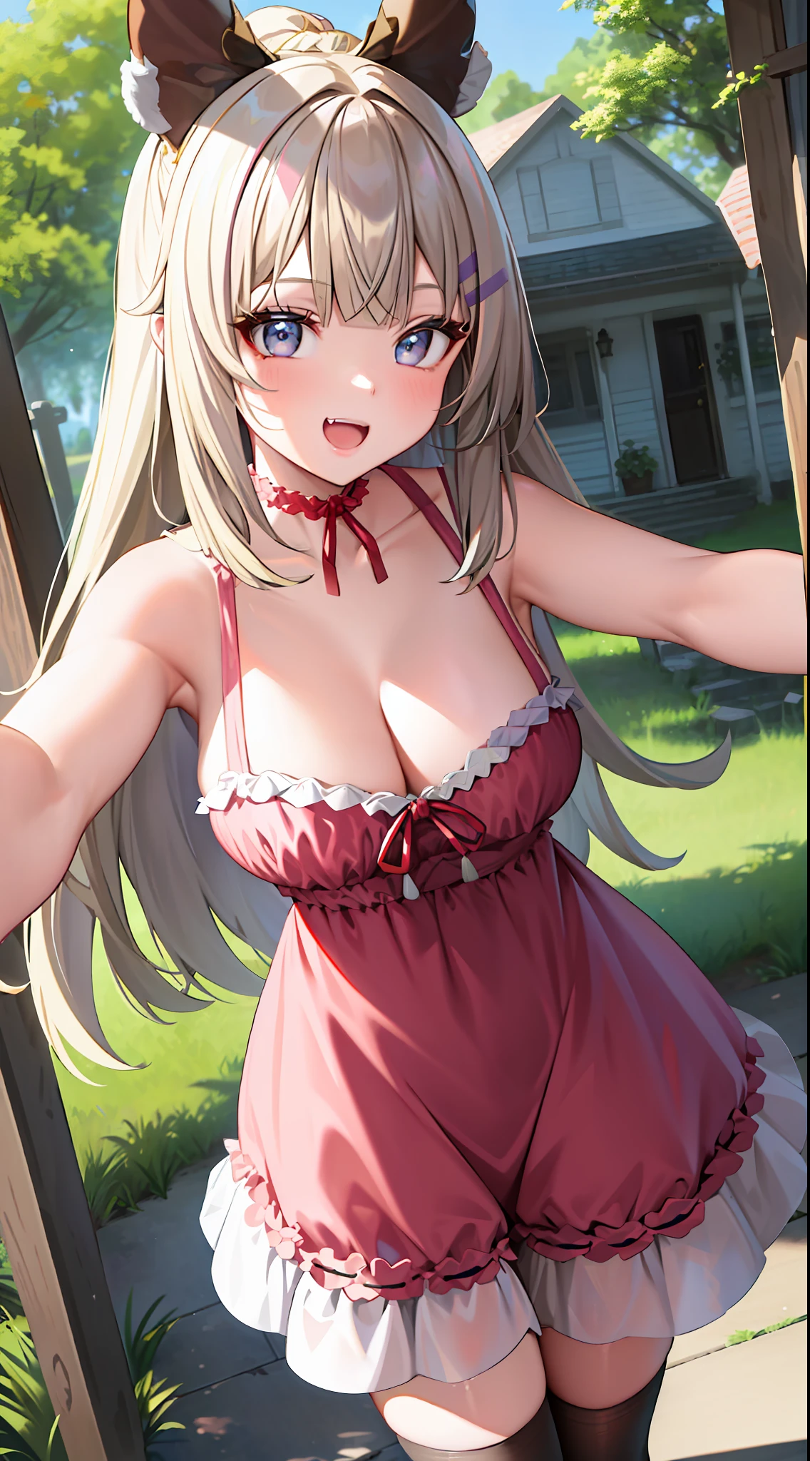 (leaning over:1.4), (masterpiece:1.2, best quality), (real picture, intricate details), 1girl, solo, absurdres, cowboy shot, standing, outdoors, :3, smile, bear girl, bear ears, ((light pink dress)), frills, very detailed dress, white thighhighs, platinum blonde hair, gray blue eyes, long hair, ((red strawberry choker)), smile, open mouth, one fang, large breasts, cleavage, sleeveless dress, arms behind back,