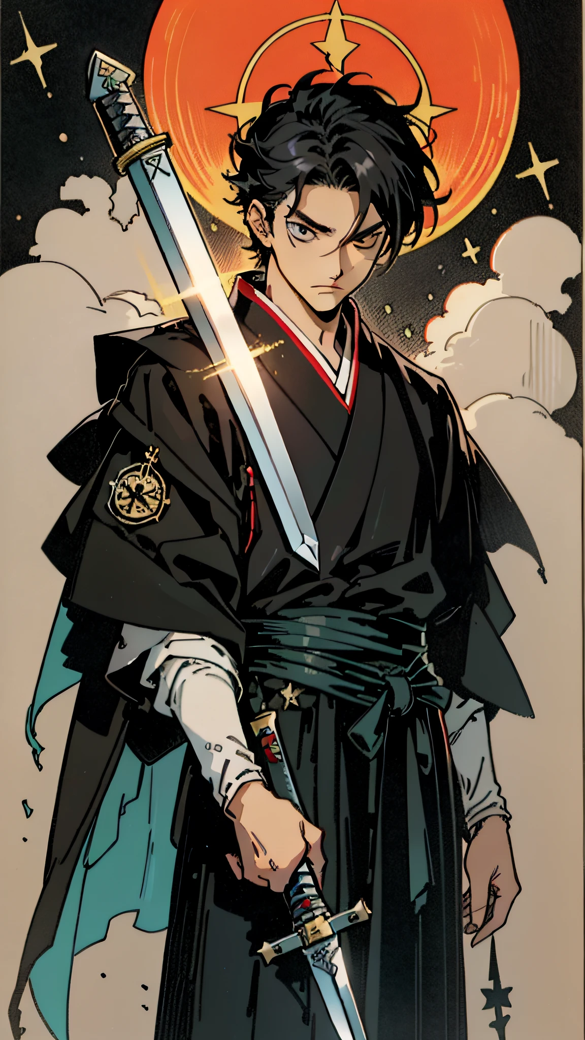 (masterpiece, best quality;1.3),(tarot card:1.2), 1guy, male focused,short black hair, young, mature and tall, the hermit, holding sword,male_focus, red star, looking at viewer, symmetrical composition, long shadow, cloody moon,blood splash, ultra detailed, hanbok, Korean clothes, black eyes, eyepatch, red star, detailed face, attractive face, upper body, manhwa style, manhwa, naver webtoon style, murim