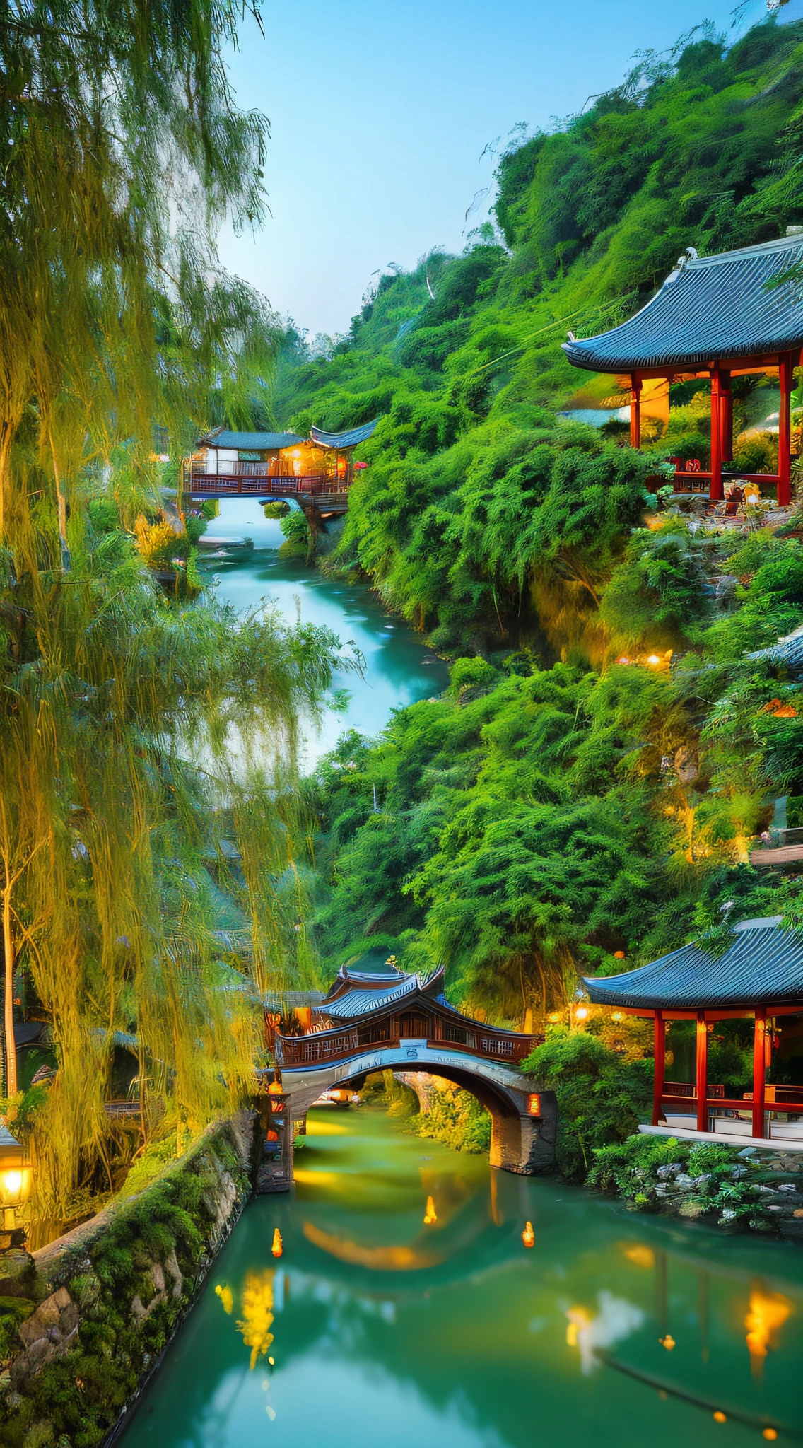 At dusk, green trees, willows flying, surrounded by blue water, small bridges and flowing water, antique color, floral fragrance, warm as jade, birds singing and flowers, water town paintings, leisurely, real photography, 16K resolution