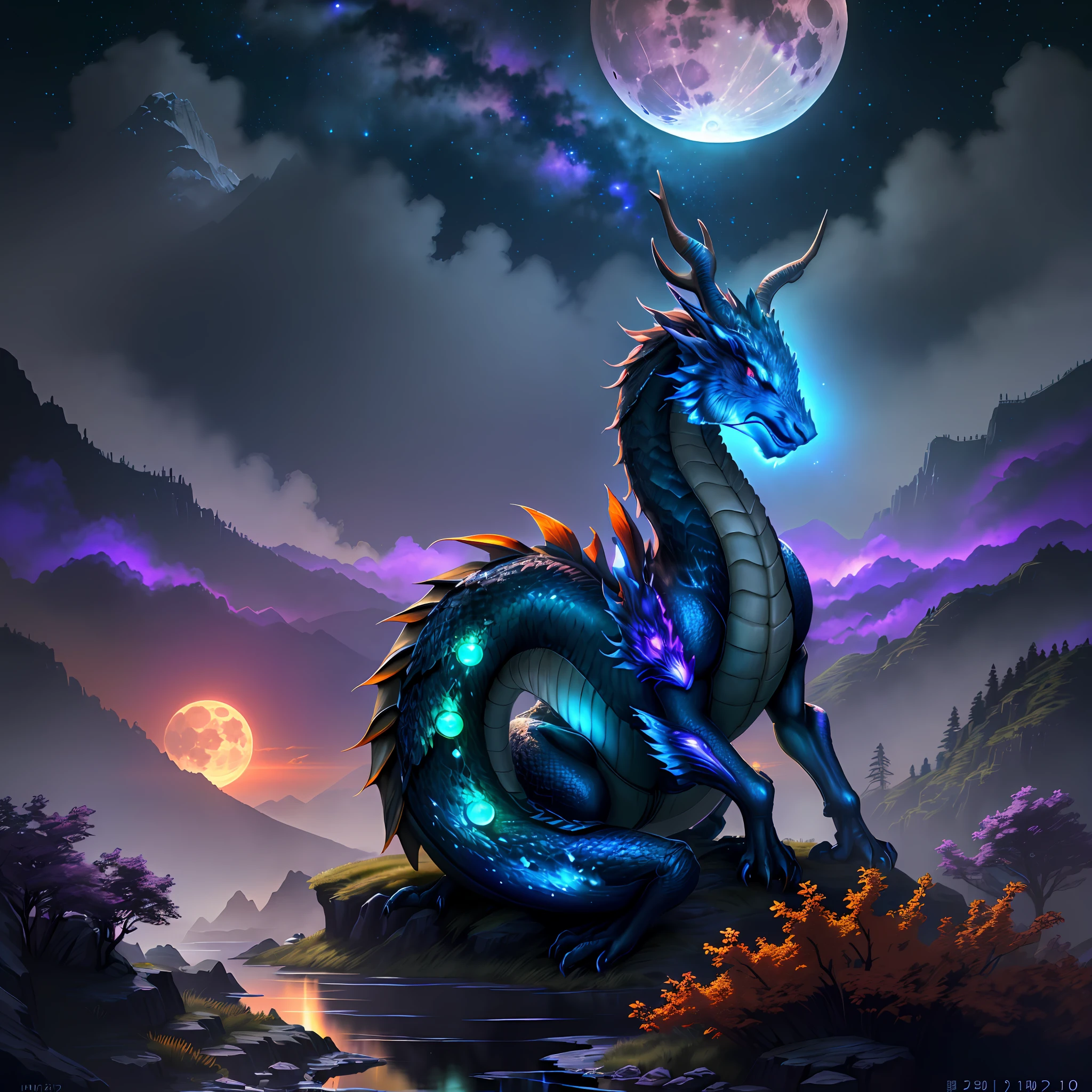 Vast landscape photos, (looking at the sky and the wilderness below), "A rabbit, magical, anthropomorphic, girl, angry expression, glowing eyes, Wanruo mask, Hanfu, background of ancient Chinese streets, night." Genshin Impact Impact, Best Quality, High Detail, High Quality, Ultra High Resolution, OC Rendering, 8K" Standing in a Flower Field and Looking Up, (Full Moon: 1.2), (Meteor: 0.9), (Nebula: 1.3), Far Away Mountains, Tree Breaking Making Art, (Warm Source: 1.2), (Firefly: 1.2), Lights, Purple and Orange, Intricate Details, Volumetric Lighting BREAK (Masterpiece: 1.2), (Highest Quality), 4K, Ultra Detailed, (Dynamic configuration: 1.4), Highly detailed and colorful details (rainbow color: 1.2), (Sparkling lighting, atmospheric lighting), Dreamy, magical, (Solo: 1.2), (Ying Dragon God), (Through the clouds), (Top of the mountains), (Complex), (Super Detail), (Starry Sky Background), (Stout Limbs), (Moon Night), (Ultra Clear), (Best Quality),