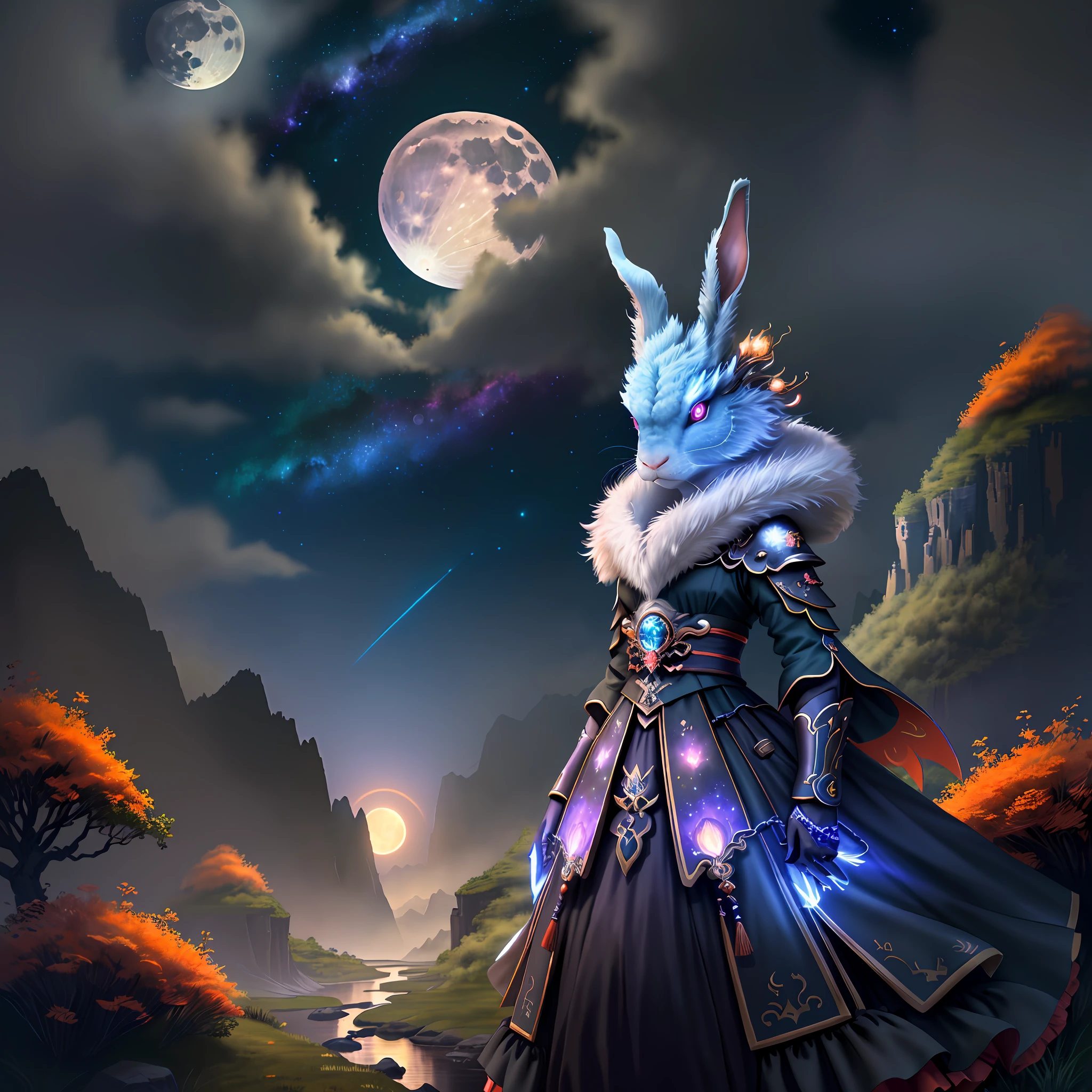 Vast landscape photos, (looking at the sky and the wilderness below), "A rabbit, magical, anthropomorphic, girl, angry expression, glowing eyes, Wanruo mask, Hanfu, background of ancient Chinese streets, night." Genshin Impact Impact, Best Quality, High Detail, High Quality, Ultra High Resolution, OC Rendering, 8K" Standing in a Flower Field and Looking Up, (Full Moon: 1.2), (Meteor: 0.9), (Nebula: 1.3), Far Away Mountains, Tree Breaking Making Art, (Warm Source: 1.2), (Firefly: 1.2), Lights, Purple and Orange, Intricate Details, Volumetric Lighting BREAK (Masterpiece: 1.2), (Highest Quality), 4K, Ultra Detailed, (Dynamic configuration: 1.4), Highly detailed and colorful details (rainbow color: 1.2), (Sparkling lighting, atmospheric lighting), Dreamy, magical, (Solo: 1.2), (Ying Dragon God), (Through the clouds), (Top of the mountains), (Complex), (Super Detail), (Starry Sky Background), (Stout Limbs), (Moon Night), (Ultra Clear), (Best Quality),