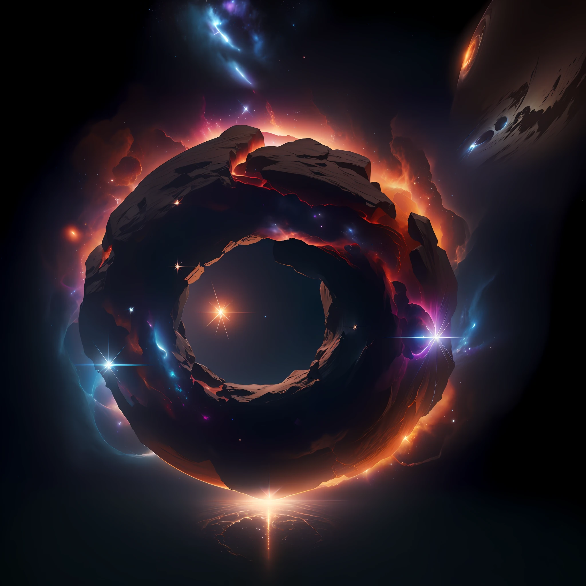 a close up of a large rock in the middle of a space, abstract black hole in space, luminous black hole portal, majestic interstellar portal, 3 d render beeple, rendered in redshift, in the art style of filip hodas, interstellar infinity portal, space art concept, 4k highly detailed digital art, black hole time portal