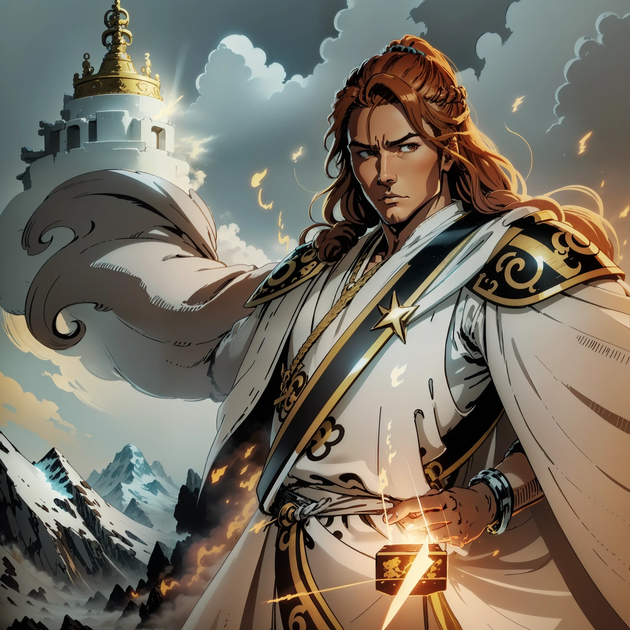 God of Lightning and wind. His body is fat but muscular. She has long brown hair, pulled back in a ponytail. The eyes are brown. He wears a white robe with gold trimmings. He carries a sword. It is on a mountain enjoying the beautiful scenery. Gives off electricity