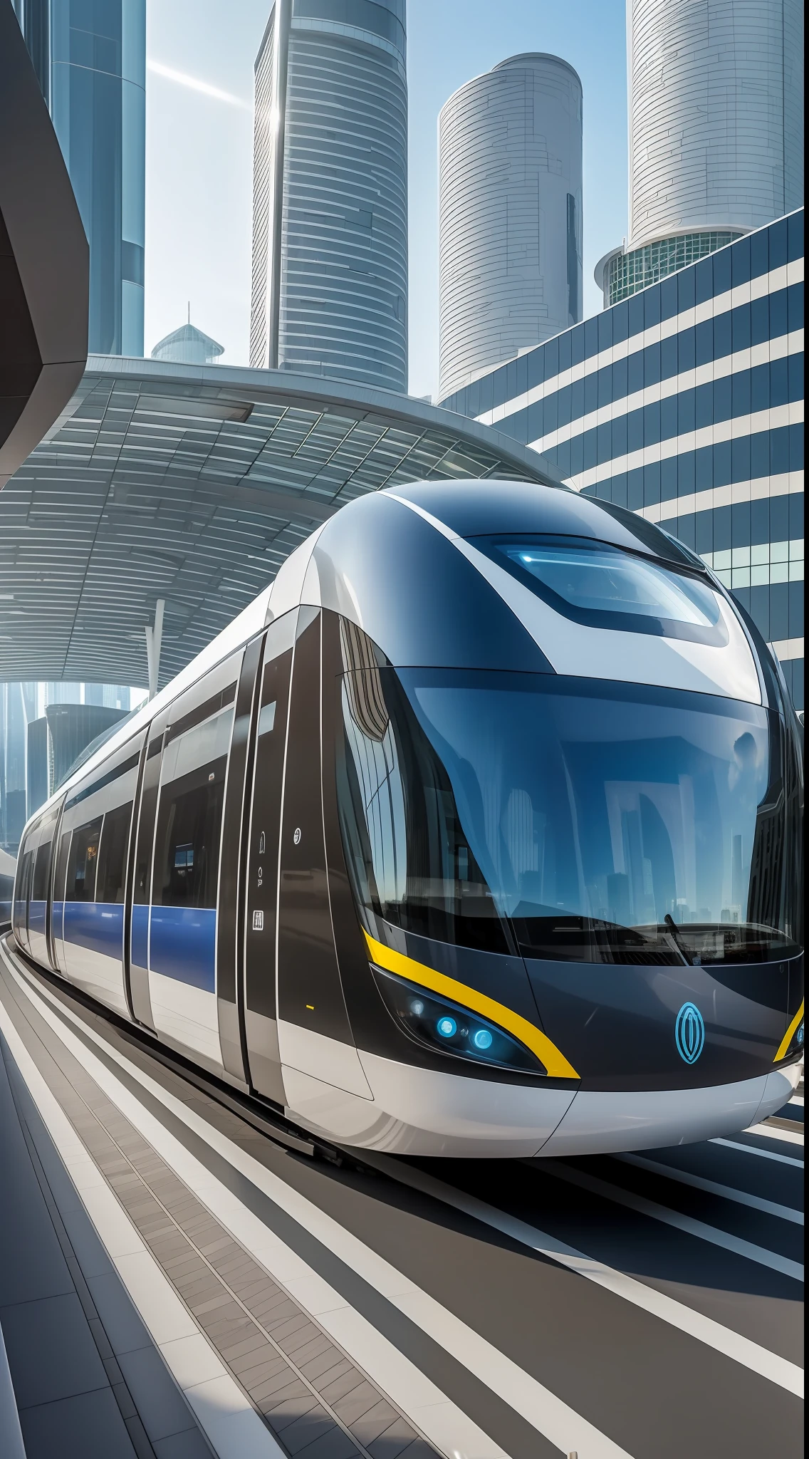 ((Masterpiece)) of modern and futuristic public transport, the best quality and high resolution! (The scenery is something futuristic, public transport is the main focus, with many external and internal details, lighting around, people moving and interacting in and around it, showing a modern and technological environment.)