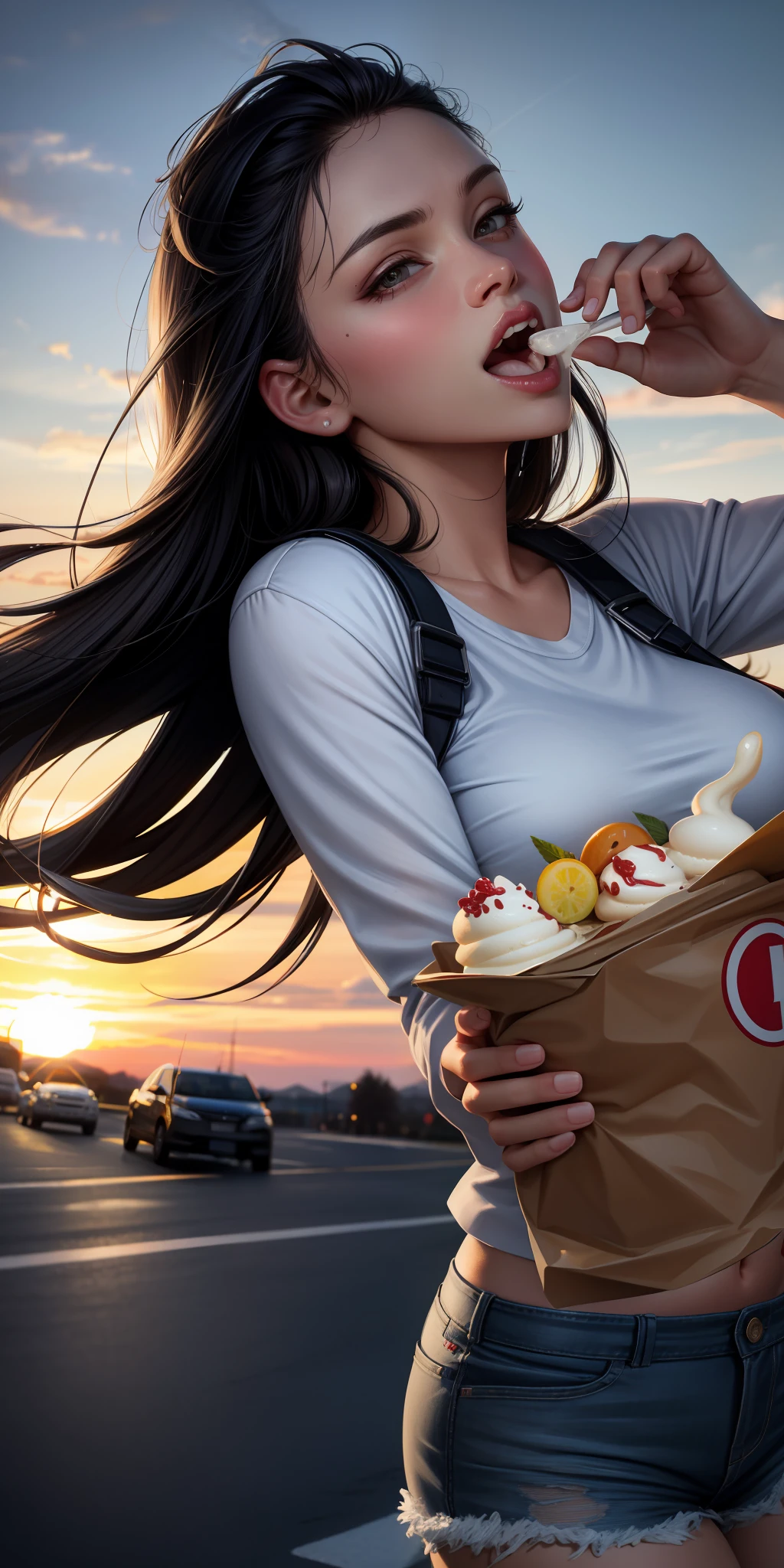 realistic, woman, selfie, wide mouth, licking, soft serve ice cream, face zoom, background sunset