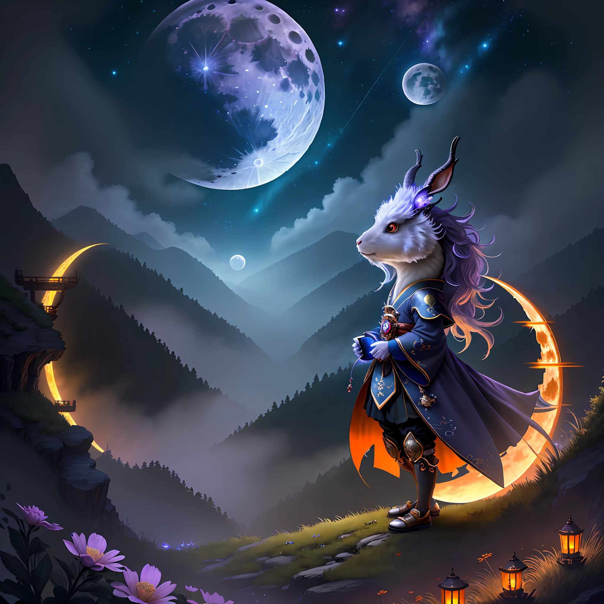 Vast landscape photos, (looking at the sky and the wilderness below), "A rabbit, magical, anthropomorphic, girl, angry expression, glowing eyes, Wanruo mask, Hanfu, background of ancient Chinese streets, night." Genshin Impact Impact, Best Quality, High Detail, High Quality, Ultra High Resolution, OC Rendering, 8K" Standing in a Flower Field and Looking Up, (Full Moon: 1.2), (Meteor: 0.9), (Nebula: 1.3), Far Away Mountains, Tree Breaking Making Art, (Warm Source: 1.2), (Firefly: 1.2), Lights, Purple and Orange, Intricate Details, Volumetric Lighting BREAK (Masterpiece: 1.2), (Highest Quality), 4K, Ultra Detailed, (Dynamic configuration: 1.4), Highly detailed and colorful details (rainbow color: 1.2), (Sparkling lighting, atmospheric lighting), Dreamy, magical, (Solo: 1.2), (Ying Dragon God), (Through the clouds), (Top of the mountains), (Complex), (Super Detail), (Starry Sky Background), (Stout Limbs), (Moon Night), (Ultra Clear), (Best Quality),