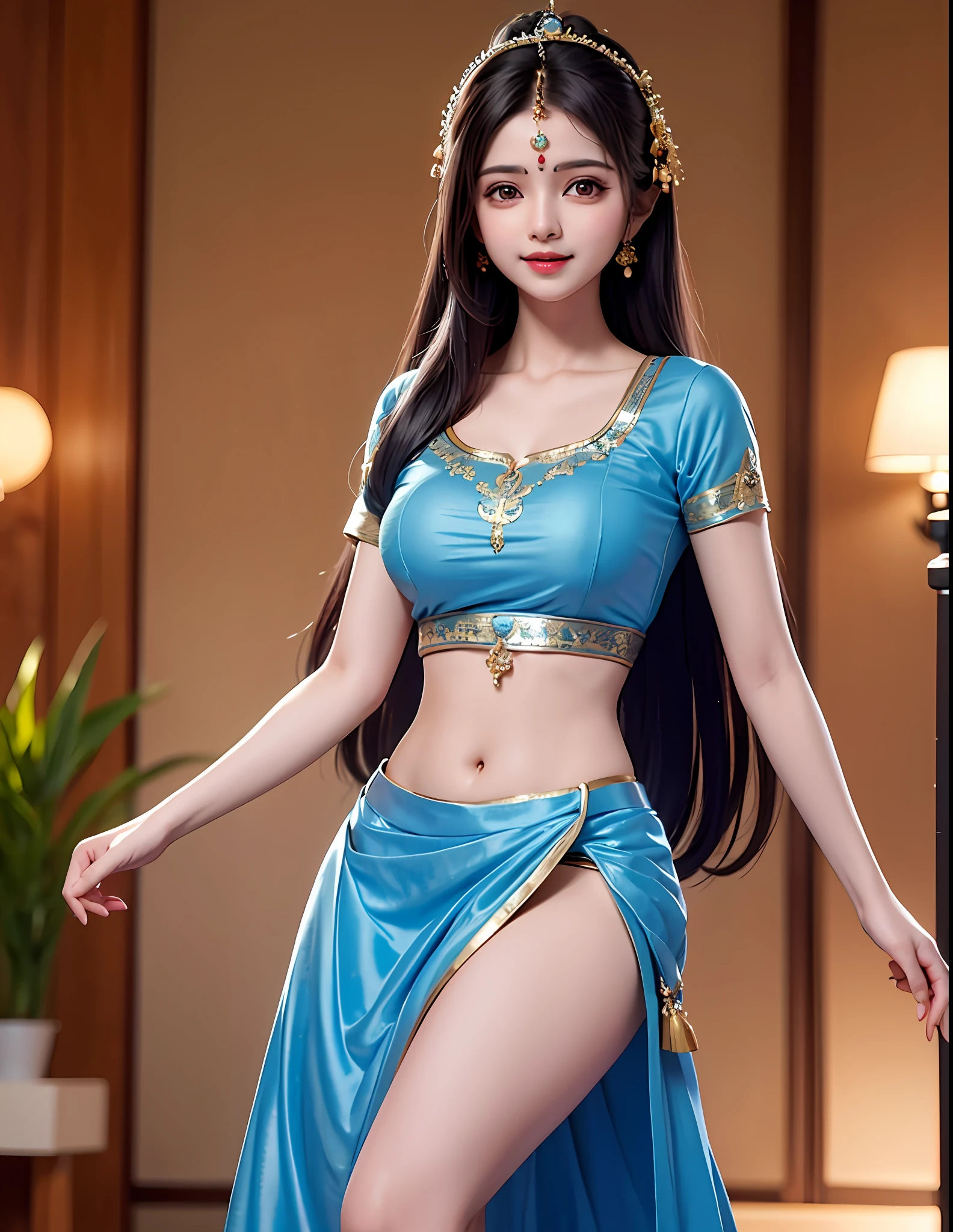 Sudipa wearing a blue skirt, exposing her deep navel, indian woman with her luscious figure