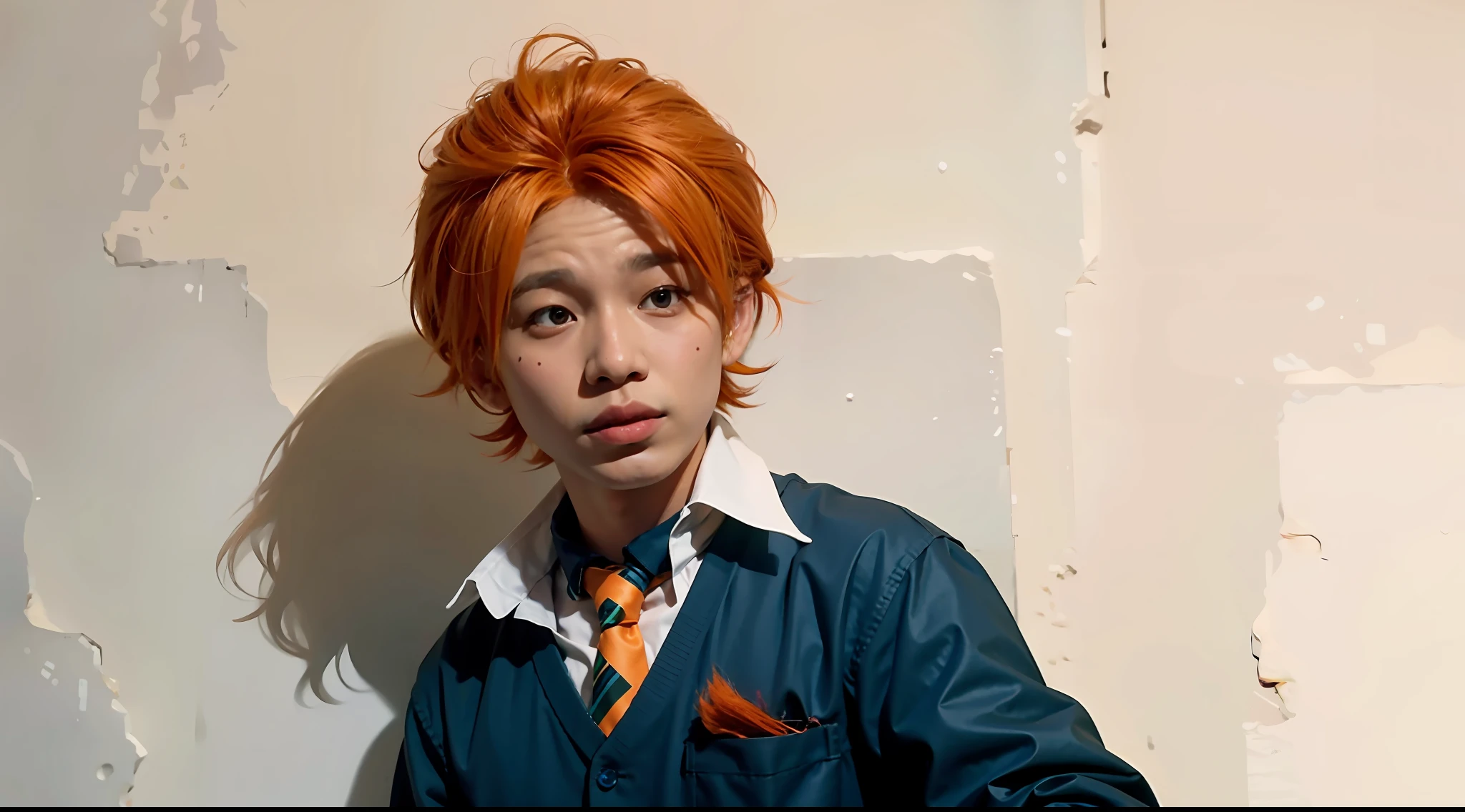 there is a man with an orange wig and a tie, orange head, orange hair, carroty hair, wig, in a halloween style, in a fancy dress, orange glowing hair, inspired by I Ketut Soki, inspired by Oka Yasutomo, linus sebastian, inspired by Sarper Baran, bright orange hair, it idn't greasy