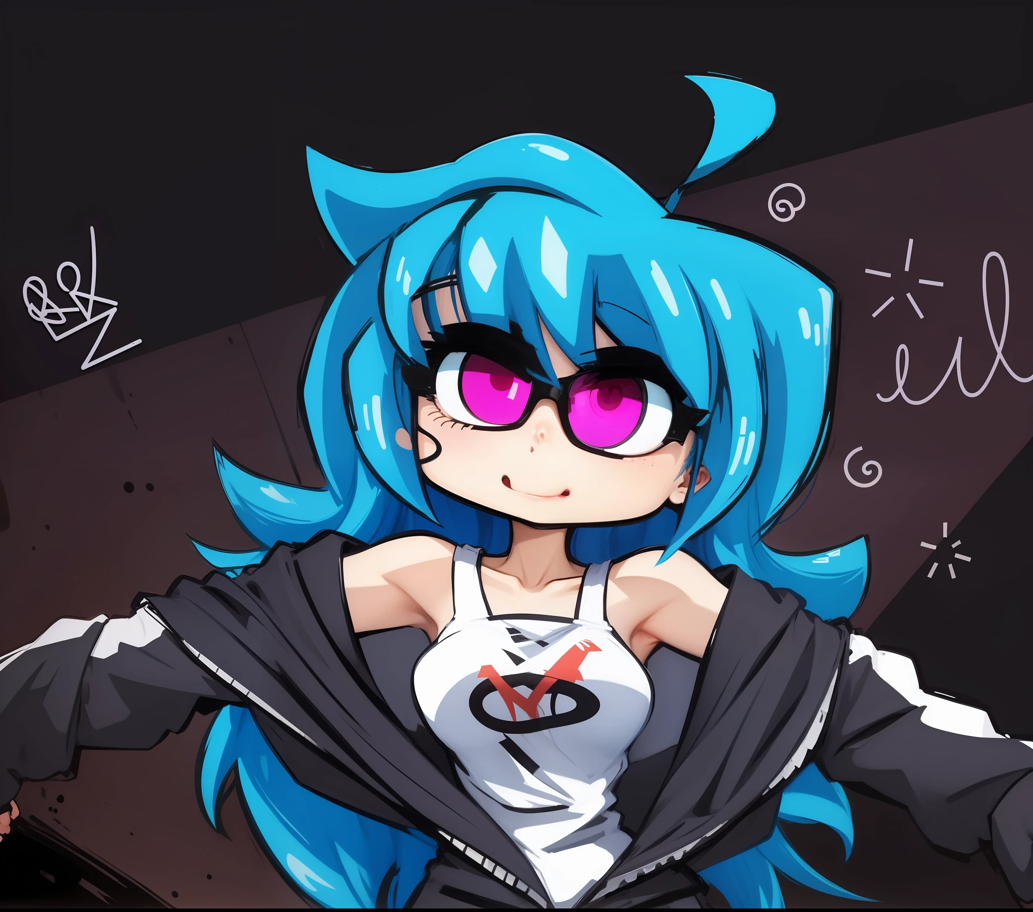 Masterpieces, anime style, teenager of short stature, with long blue hair, open coat, looking at the viewer, closed mouth, medium-sized breasts --auto --s2