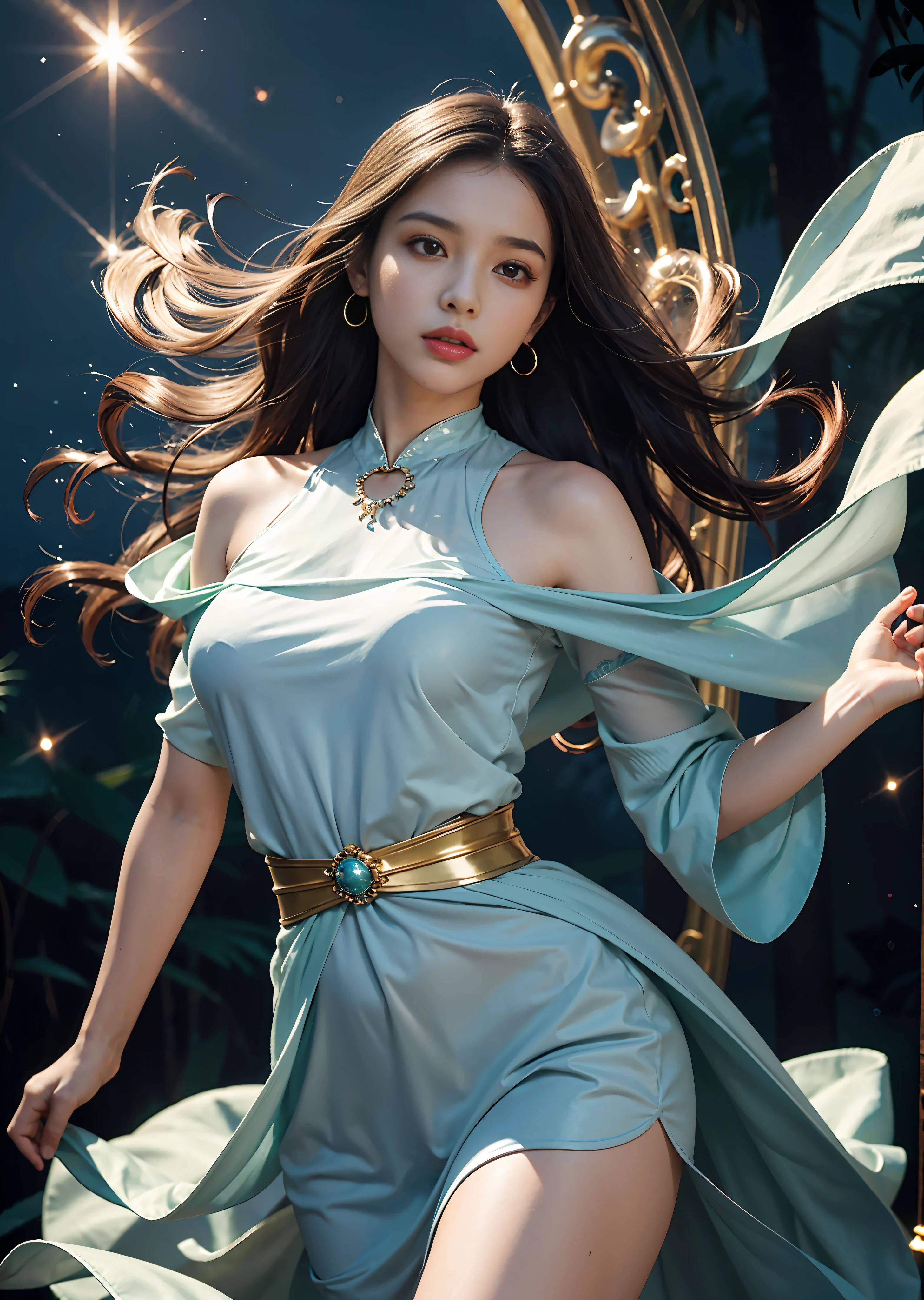 (Masterpiece:1.4, Best quality), 4K, High-res, Simple background, Sharp focus, face focus, (waist up shot:1.4),
1 girl,
Breathtaking woman, ethereal space, floating orbs, shimmering radiance, fantasy-like clothes, vibrant and flowing, mesmerizing dance of orbs, soft, ethereal glow on her, galaxies within floating orbs, graceful and serene presence, realism blended with creative fantasy, wonder and awe-inspiring.