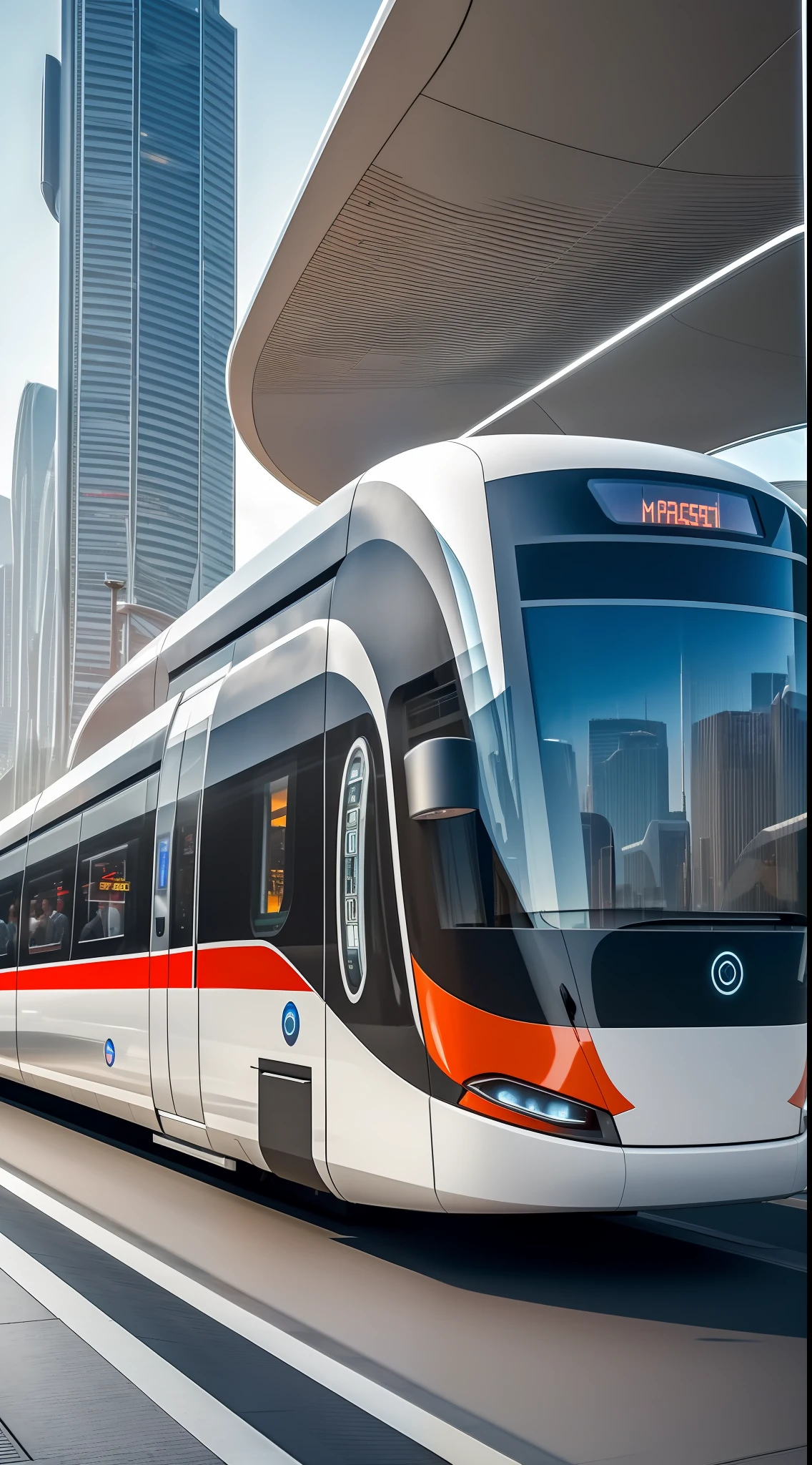 ((Masterpiece)) of modern and futuristic public transport, the best quality and high resolution! (The scenery is something futuristic, public transport is the main focus, with many external and internal details, lighting around, people moving and interacting in and around it, showing a modern and technological environment.)