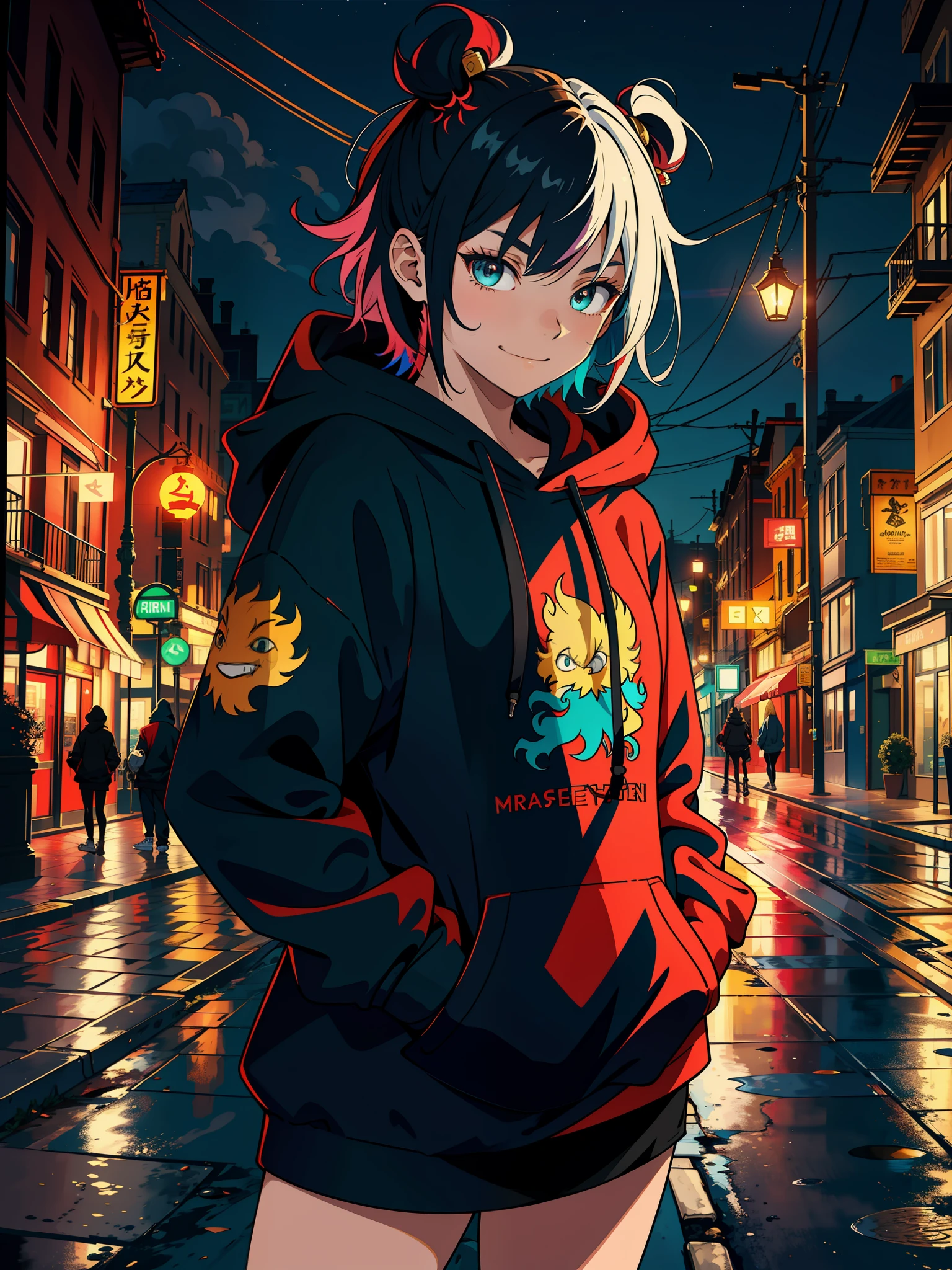 Masterpiece, best quality, upper body, 1girl, looking at viewer, medium hair, multicolored hair, black hoodie with dragon, smirk, hands in pockets, night, lonely street,