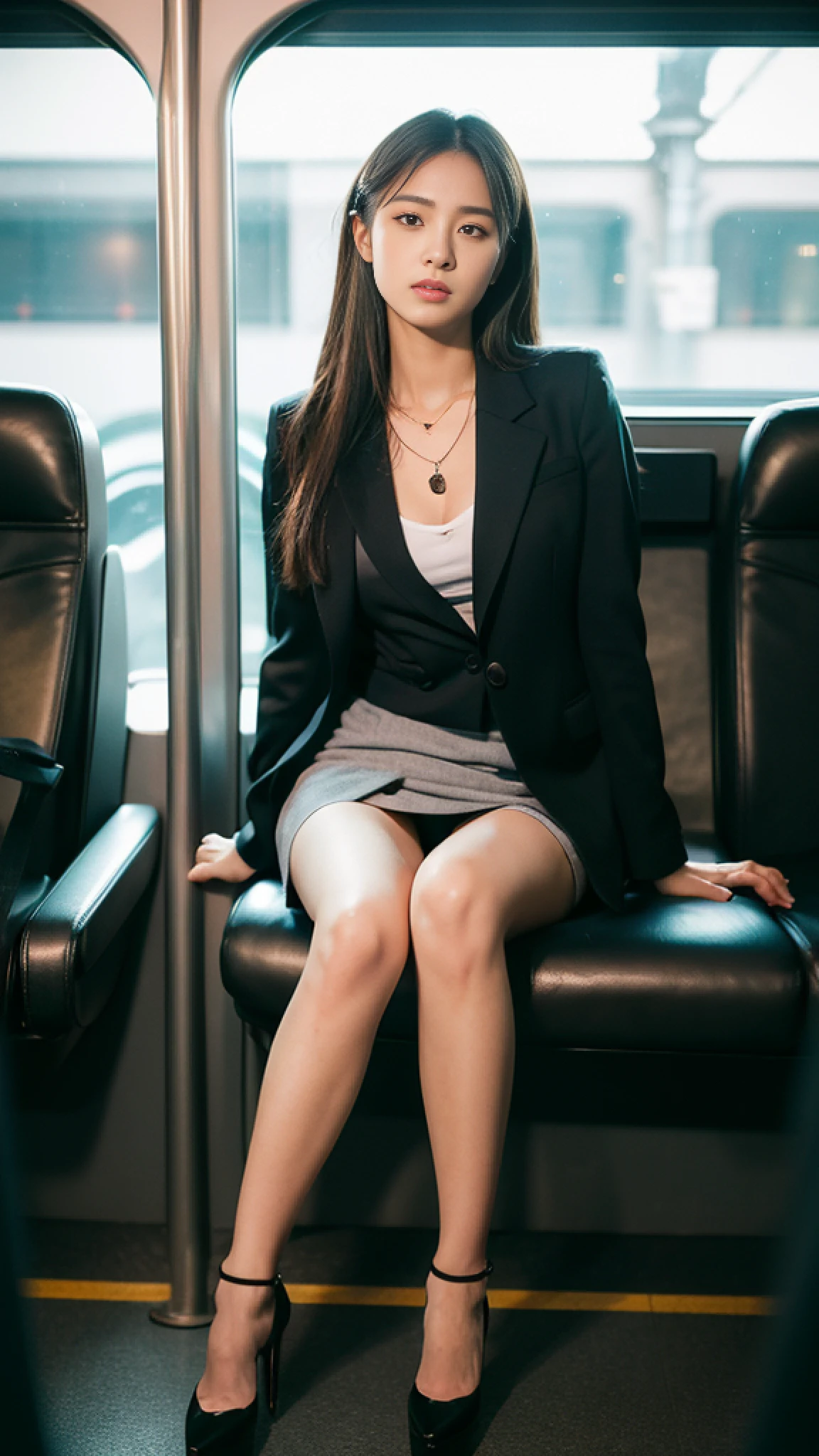 arafed asian woman in a tight skirt sitting on a train, white skirt, Top quality ultra-high resolution 8K photo shot of one girl , angry, ((full body)), (long hair:1.1),full body, fox eyes, suit jacket, shirt, necklace, show panty, high heel, yamanote line, ((show panty)), highly detailed face and skin texture, detailed eyes, double eyelids, the images captured with soft bokeh look as attractive as if they were shot on old-fashioned 35mm film