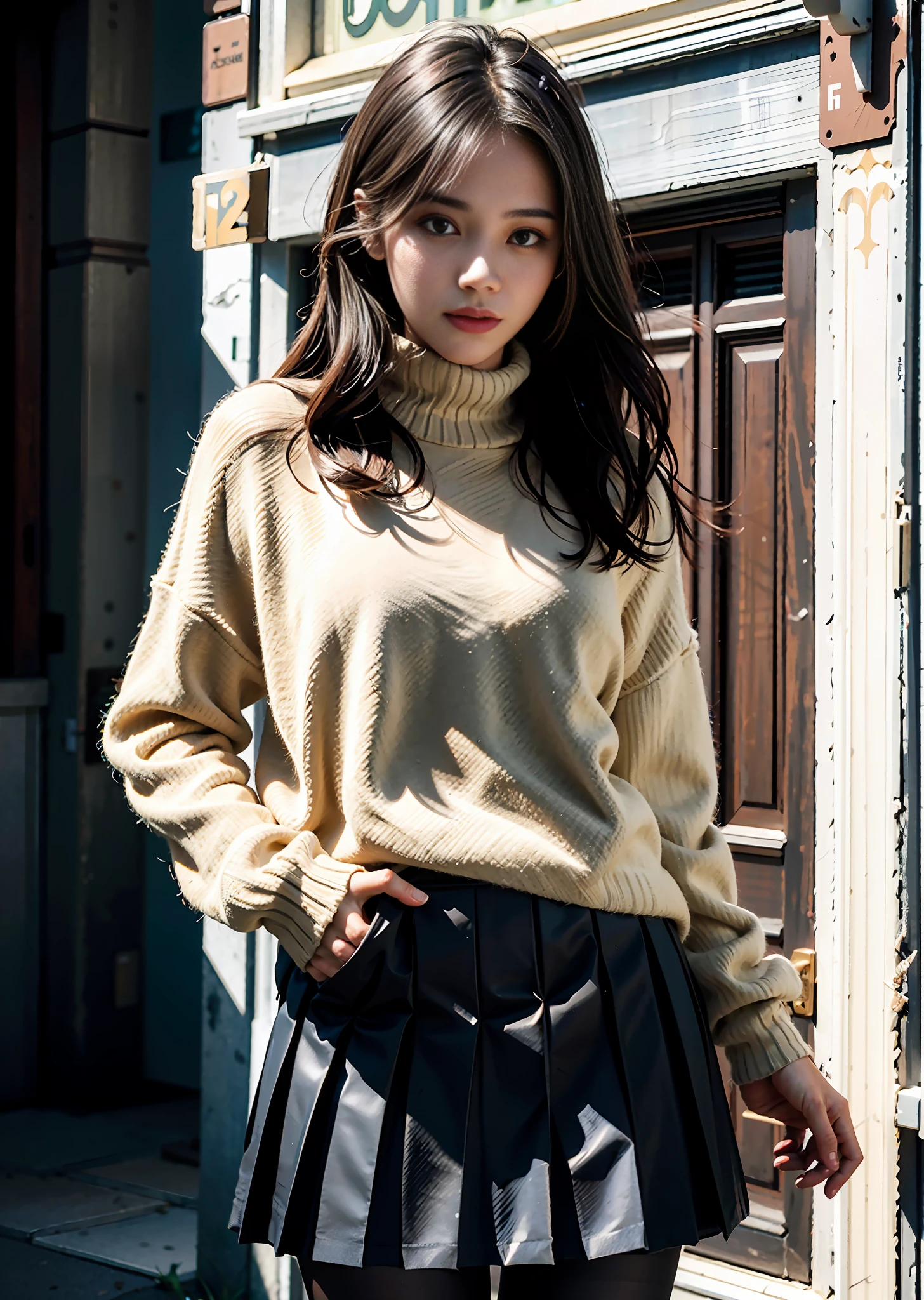 Best quality, masterpiece, ultra high res, raw photo, beautiful and aesthetic,deep shadow, dark theme,(photorealistic:1.4),
(1girl,pantyhose, pleated skirt, woolen sweater),makeup, (thin face),