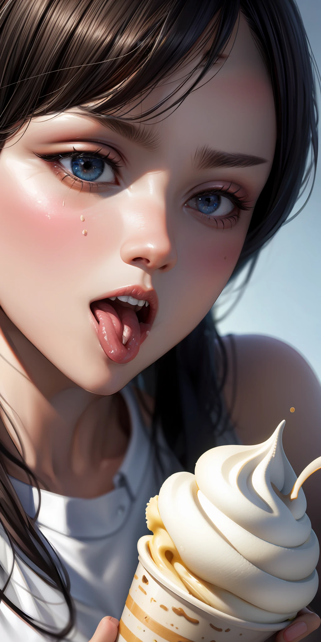 realistic, woman, selfie, wide mouth, licking, soft serve ice cream, face zoom