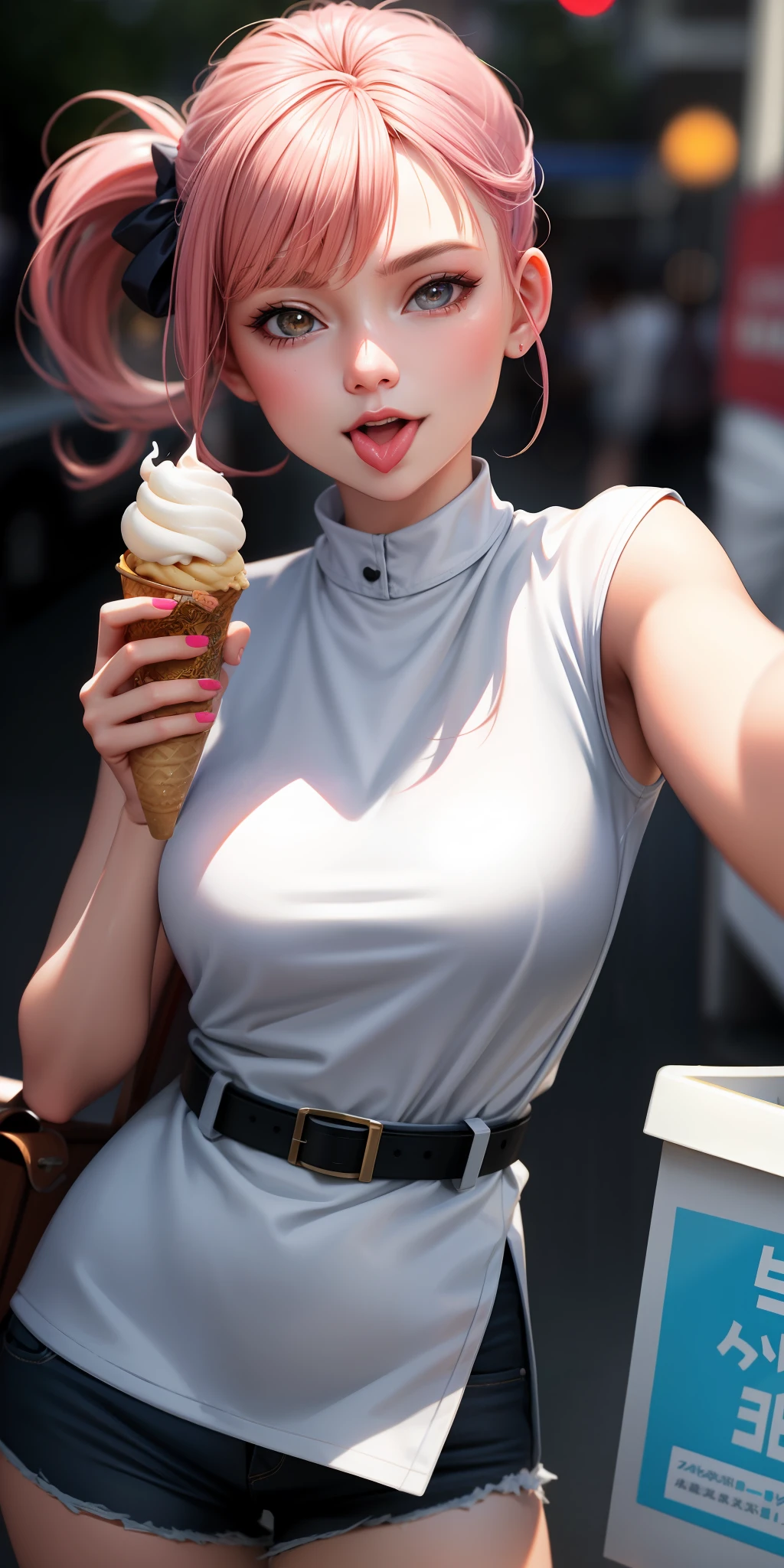 realistic, woman, selfie, wide mouth, licking, soft serve ice cream