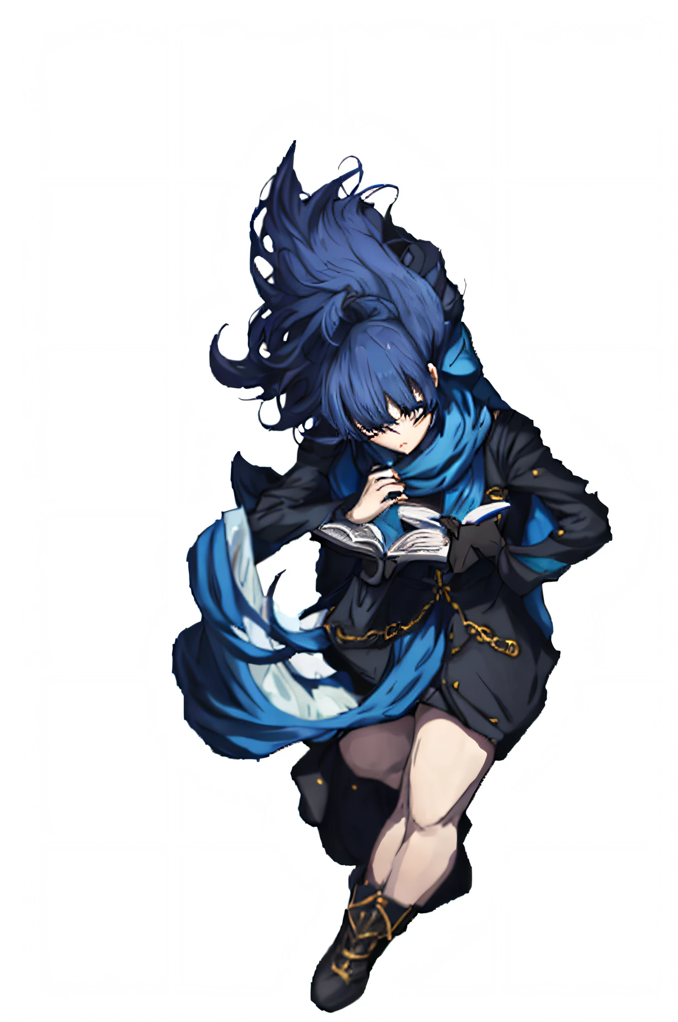 Anime style woman, blue scarf, book in hand, black overcoat with golden edges