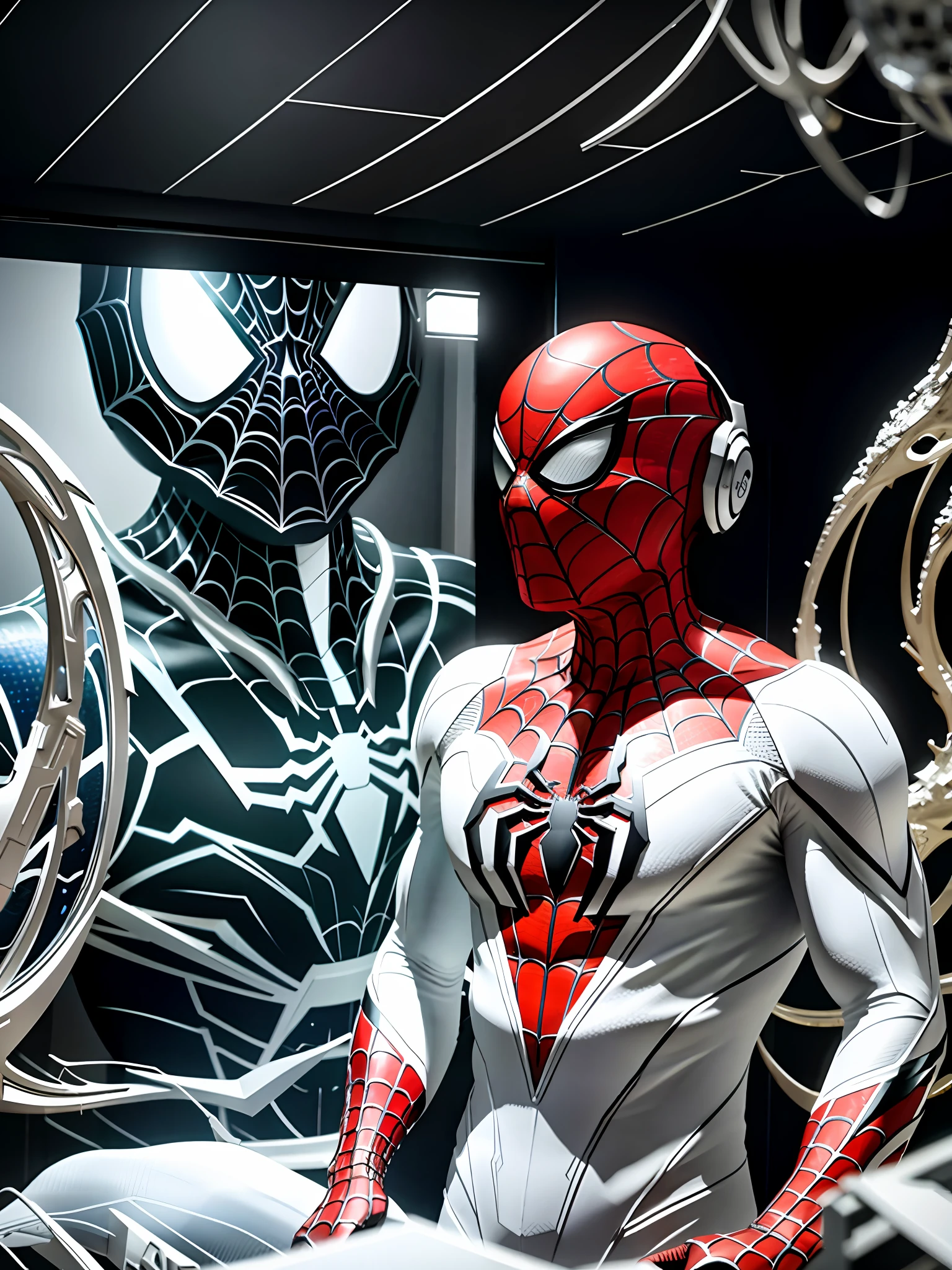 (8k, RAW photo, best quality, masterpiece: 1.2), ultra detailed, official art, photo-realistic: 1.37, spider man, black suit, spider in the center of your chest in white, organic looking clothing, gooey testura, symbiote, art, PS5 cinematic screenshot, highly detailed and detailed cinematic rendering, ultra photorealistic raytricing, with cinematic lightingaction pose