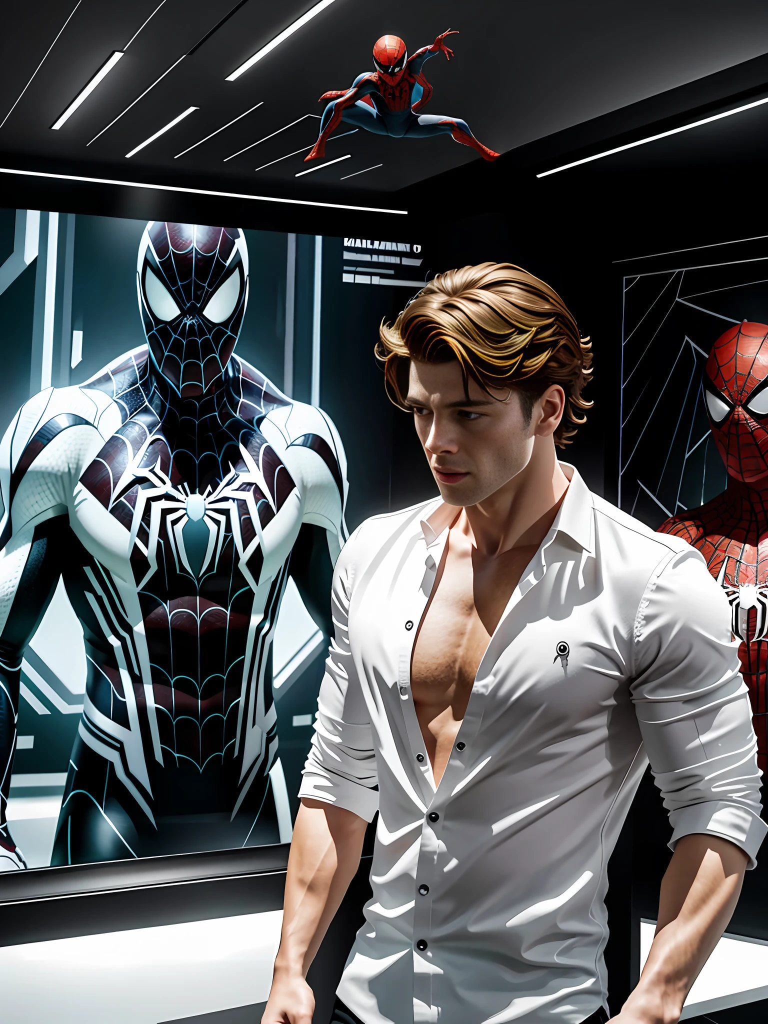 (8k, RAW photo, best quality, masterpiece: 1.2), ultra detailed, official art, photo-realistic: 1.37, spider man, black suit, spider in the center of your chest in white, organic looking clothing, gooey testura, symbiote, art, PS5 cinematic screenshot, highly detailed and detailed cinematic rendering, ultra photorealistic raytricing, with cinematic lightingaction pose