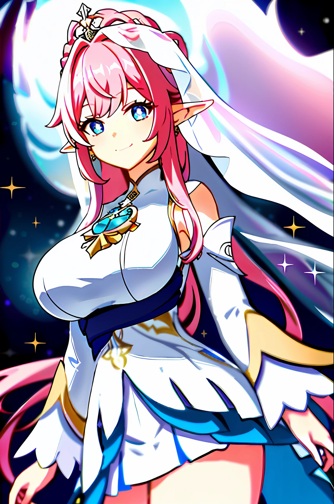 masterpiece, best quality, 1girl, solo, upper body, genshin impact, 1girl, elf ears, branch, large breasts, half-open mouth, elysia, long hair, loose hair, huge breasts, large breasts, massive breasts, elysia (Honkai Impact), jewelry, long hair, long skirt, long dress, wedding dress, poofy dress, frilly dress, huge dress, floating, flying, angelic, veil, white veil, long veil, blunt bangs, looking at viewer, ear cuffs, breasts, wide sleeves, loose sleeves, big sleeves, elegant white dress, elegant dress, white dress, long flowing dress, long dress, flowy dress, wedding dress, night, stars, goddess, floating, flying, goddess, sparkles, stars, serene, elegant, beautiful, big smile, pink hair, blue eyes, pink pupils, pink pupils, blue eyes, pink pupils, sidelocks, smile, solo, dynamic pose, genshin,