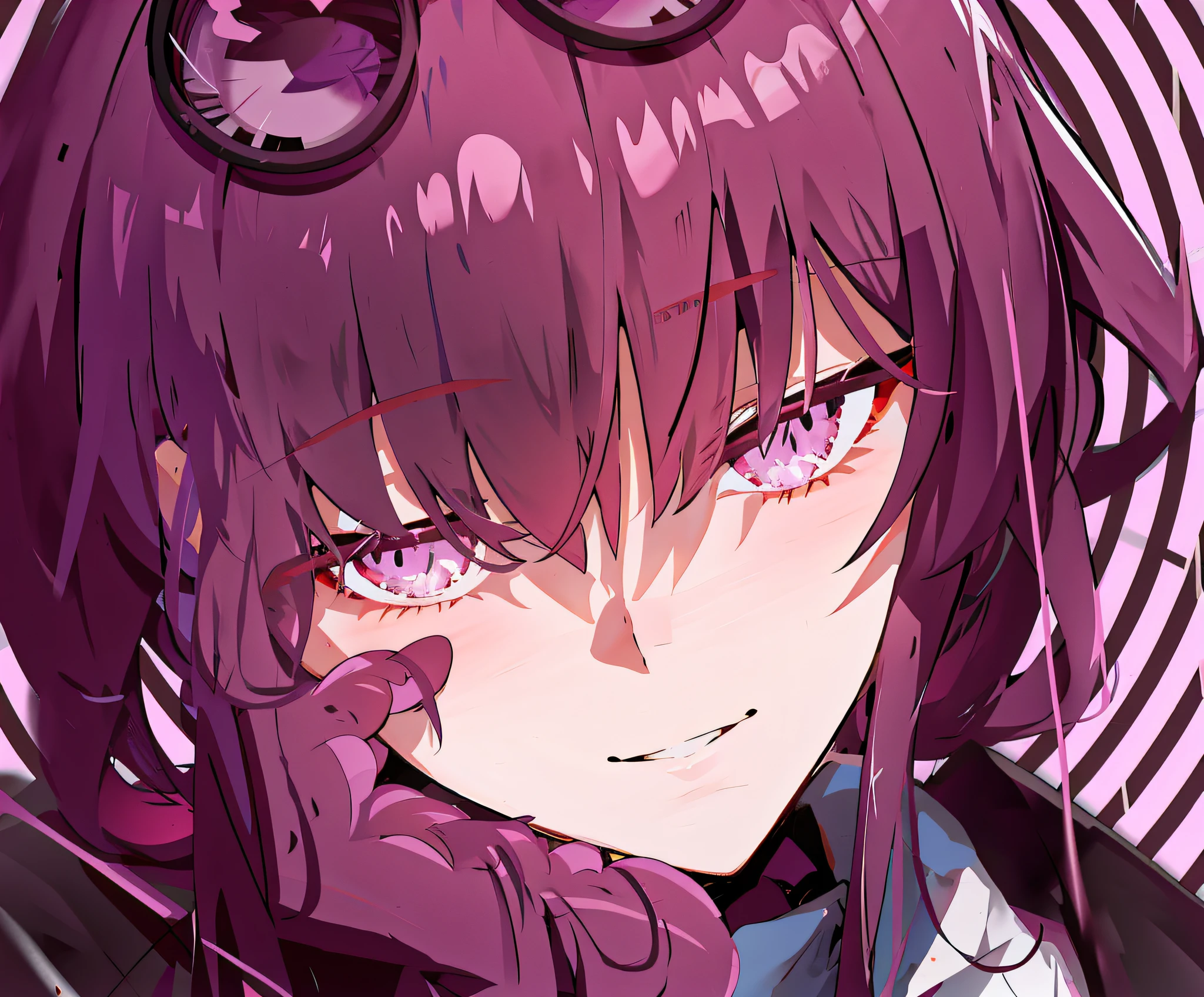 anime girl with purple hair and sunglasses on her face, anime moe artstyle, best anime 4k konachan wallpaper, [[[[grinning evily]]]], close up iwakura lain, mirai nikki, portrait gapmoe yandere grimdark, yandere intricate, anime style 4 k, detailed digital anime art, iwakura lain