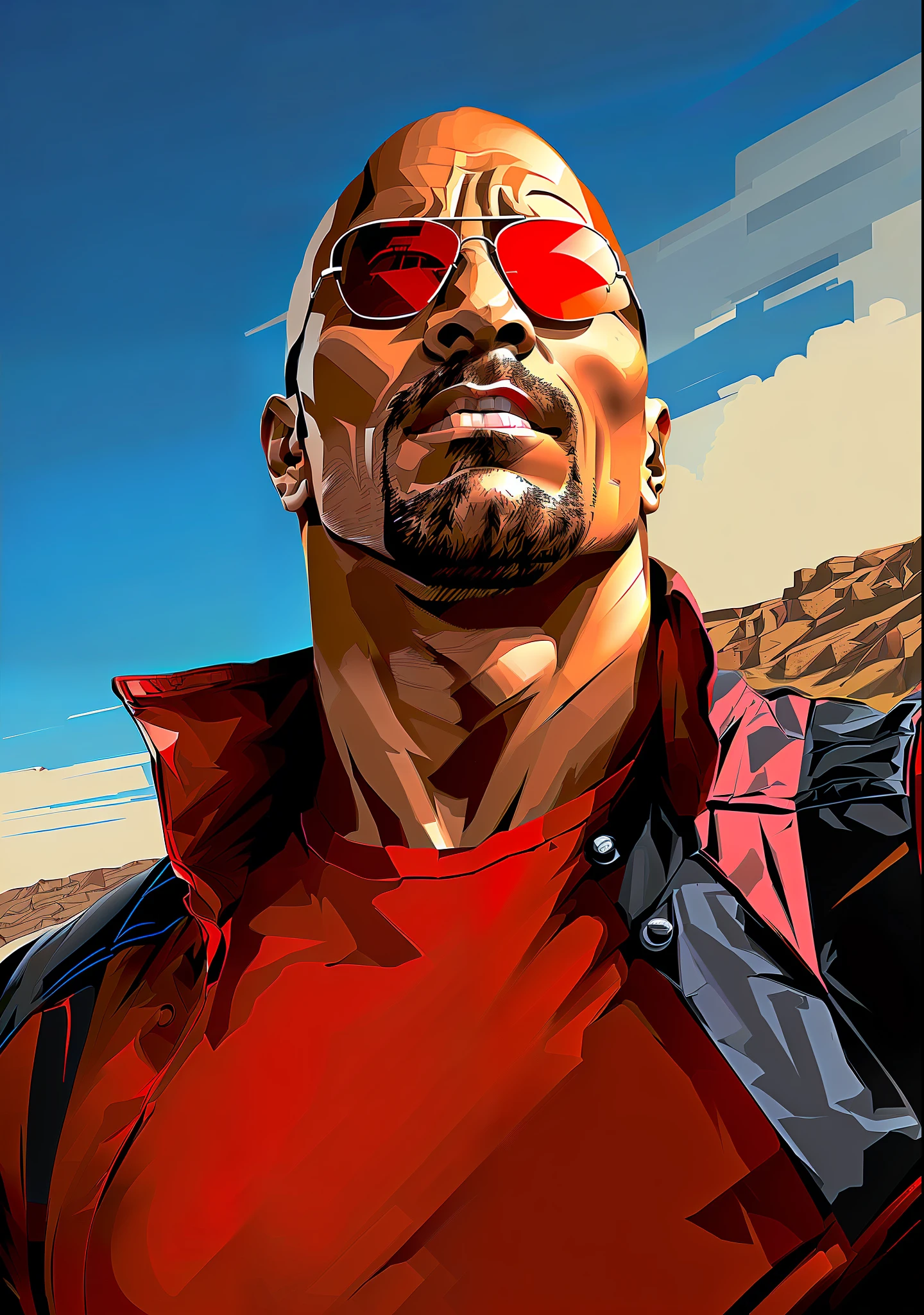 arafed image of a man with sunglasses and a red shirt, martin ansin artwork portrait, a portrait of dwayne johnson, portrait of dwayne johnson, martin ansin, epic portrait illustration, epic digital art illustration, the rock, highly detailed digital artwork, 4k highly detailed digital art, digital painting highly detailed, 4k detailed digital art, low detailed. digital painting
