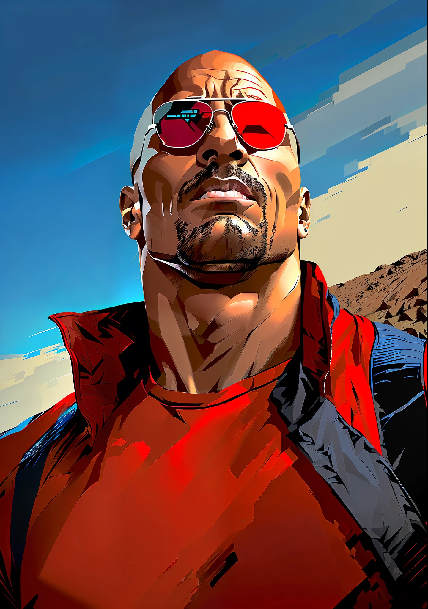 arafed image of a man with sunglasses and a red shirt, martin ansin artwork portrait, a portrait of dwayne johnson, portrait of dwayne johnson, martin ansin, epic portrait illustration, epic digital art illustration, the rock, highly detailed digital artwork, 4k highly detailed digital art, digital painting highly detailed, 4k detailed digital art, low detailed. digital painting