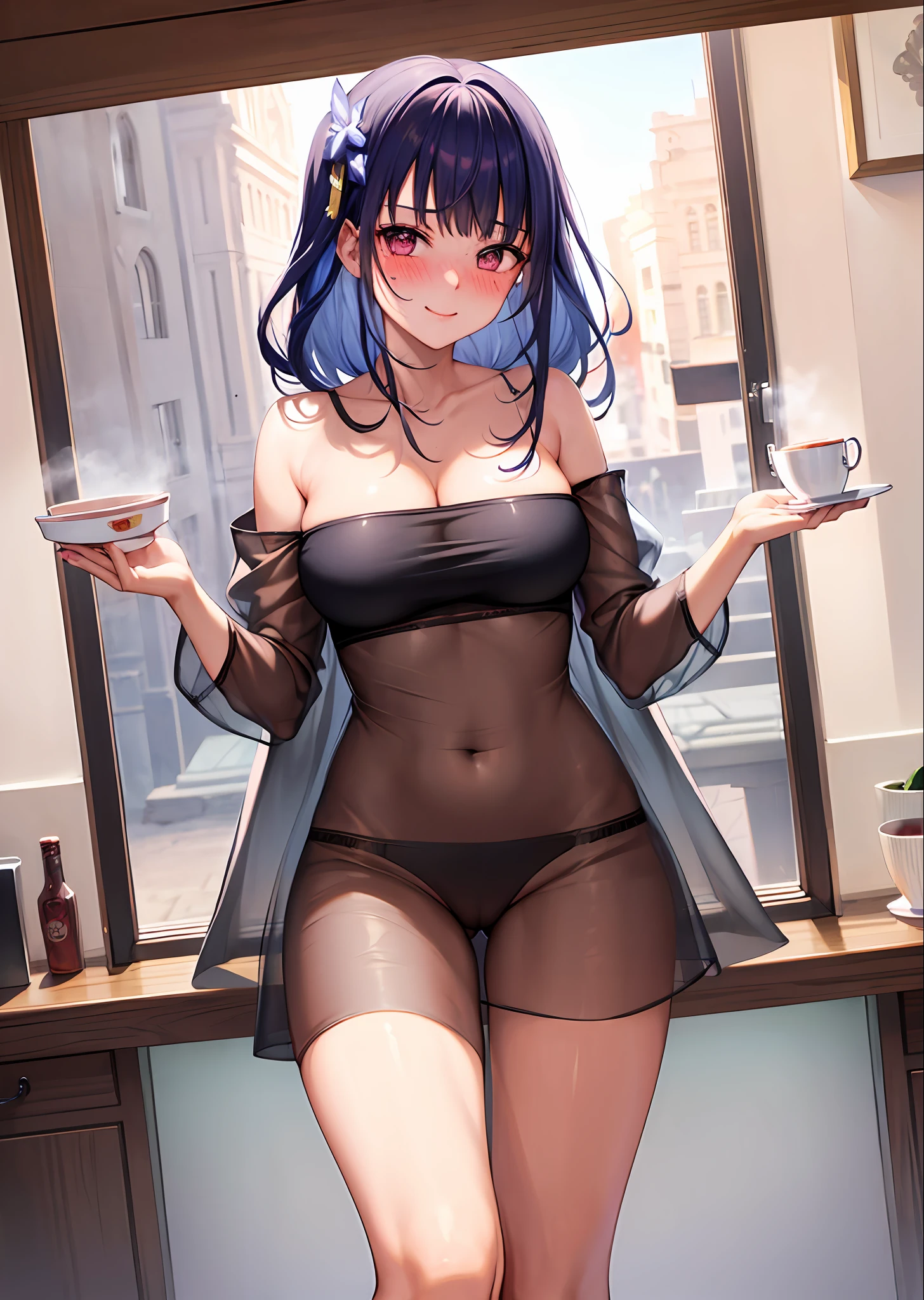 (Naked:1.4), (See-Through Lingerie:1.3), (Blushing:1.4), Smile, Cowboy Shot, ((A Cup)), Full Body, Underwear